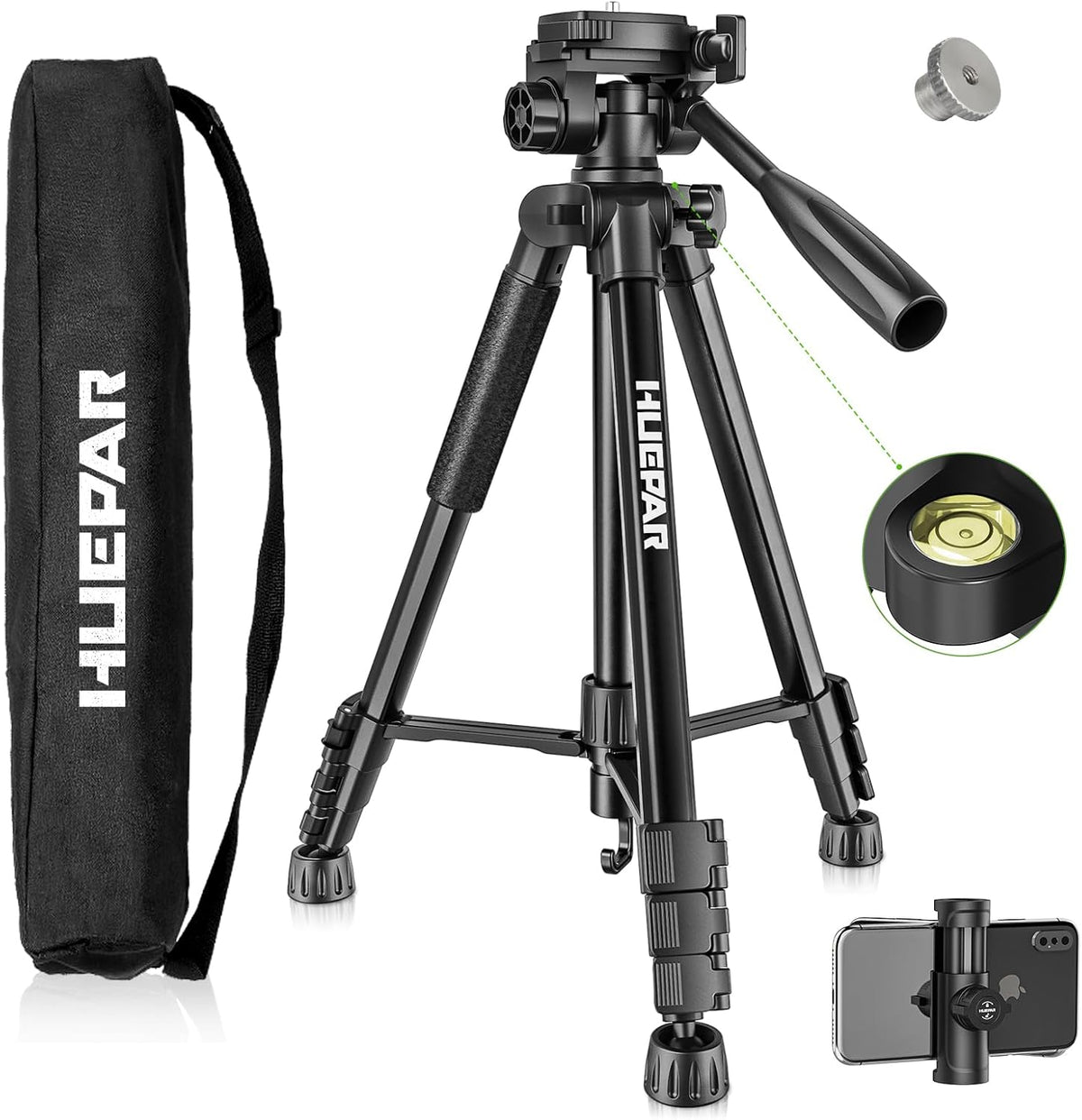 Huepar Professional Laser Level Tripod, 60 Inch Adjustable Laser Level Stand, Suit for Heavy Duty Laser Levels, Point Lasers, Laser Distance Measures; 1/4" & 5/8" Thread Mount, Non-Slip Feet, TPD14B