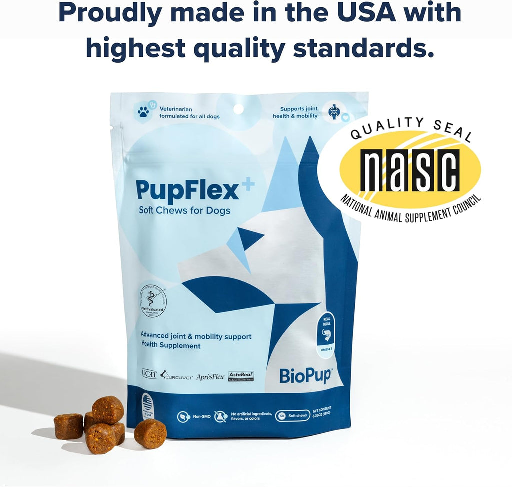 PupFlex+ Hip and Joint Supplement Dogs, Vet Created Soft Chews w/UC-II® Collagen, CurcuVET® & Omega 3 - UC-II Collagen More Effective Than Glucosamine Chondroitin, Dog Joint Supplement (60 ct)