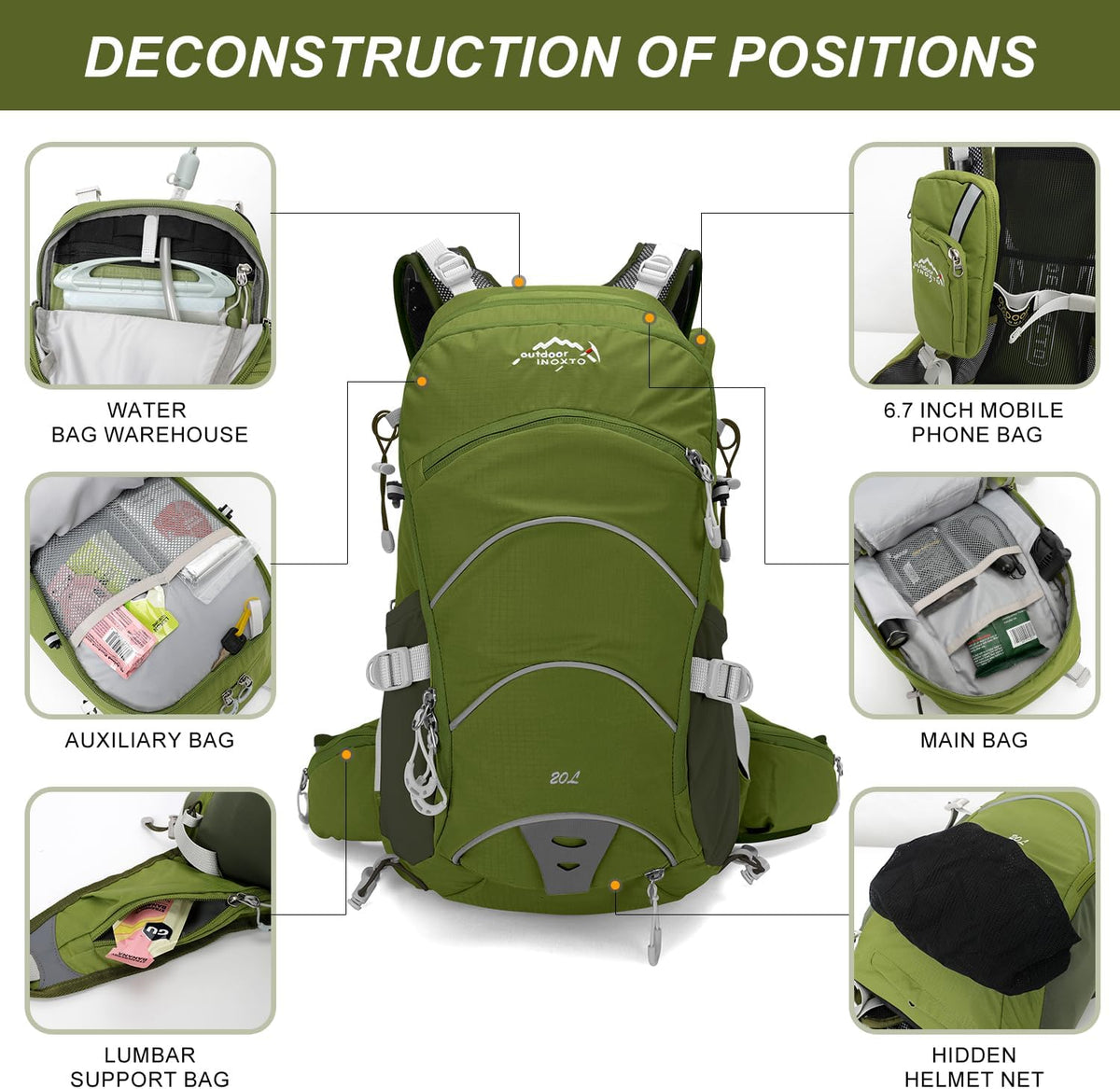 IX INOXTO 20L Hydration Backpack, Waterproof Hiking Internal Frame Backpacks with 2L Hydration Water Bladder and Rain Cover for Men, Lightweight Travel Daypack for Cycling,Camping,Ski (dark green)