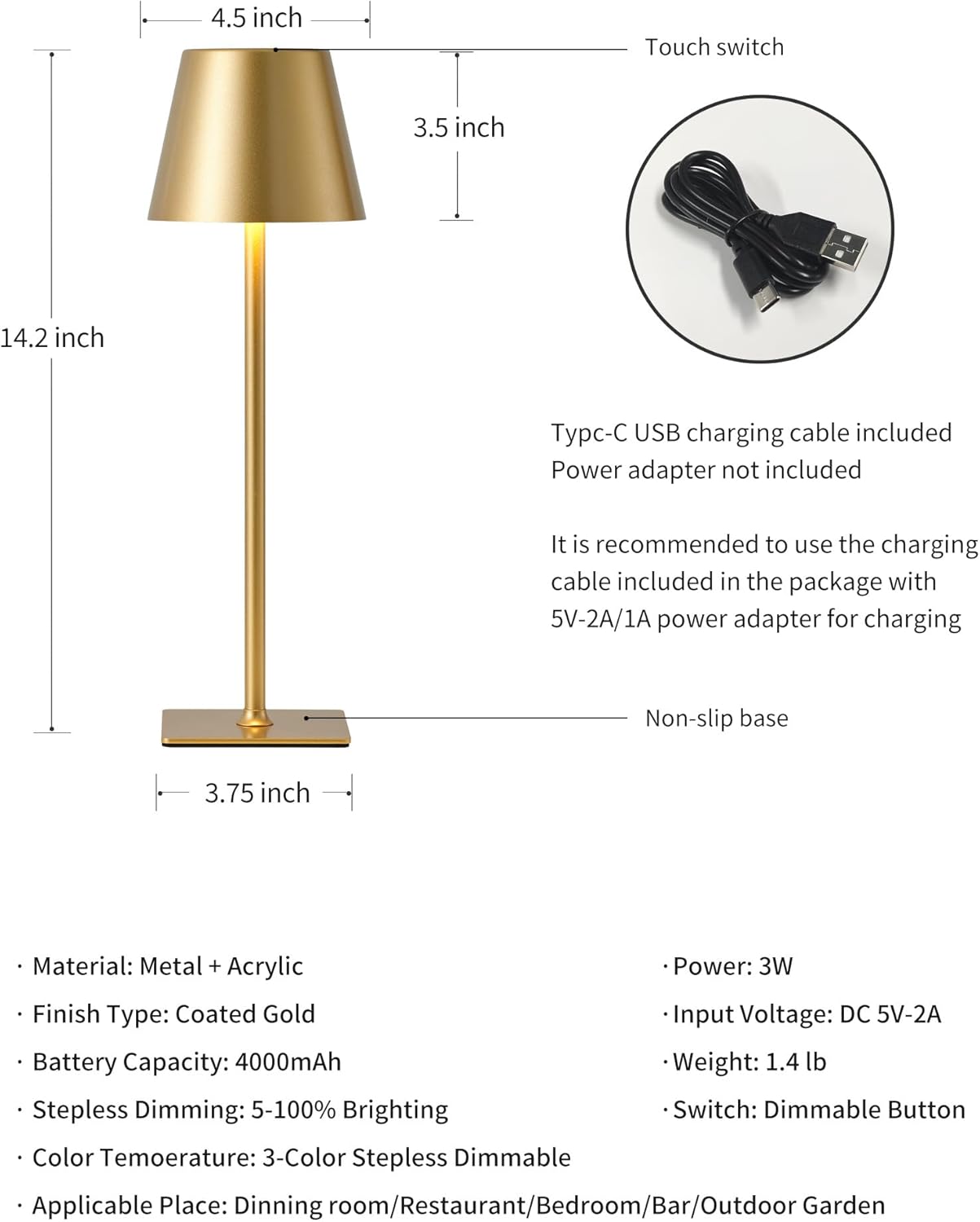 KDG Gold Cordless Table Lamps Set of 2, 4000mAh Rechargeable LED Desk Lamp