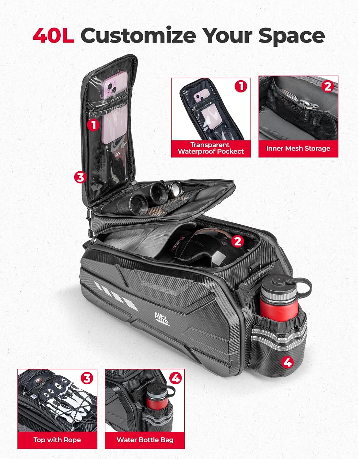 KEMIMOTO Bike Rear Bag, 13L/20L/40L EVA Hard Shell