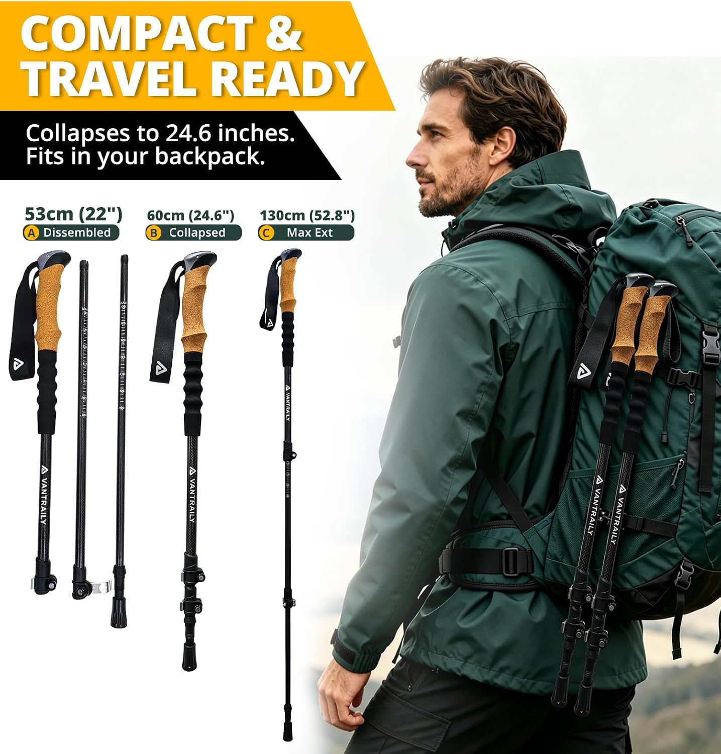 Carbon Fiber Trekking Poles Lightweight Collapsible Hiking Poles