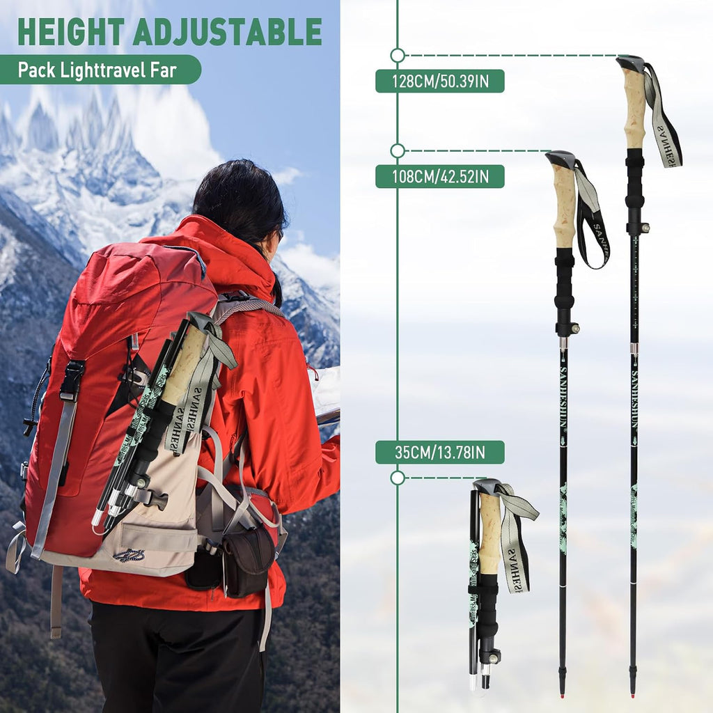 Walking Trekking Poles 2 Pack - 5 Section Lightweight Aluminium Alloy with Anti Shock & Quick Flip Lock - Cork EVA Handle, Adjustable 108-128CM - for Hiking, Camping, Travel