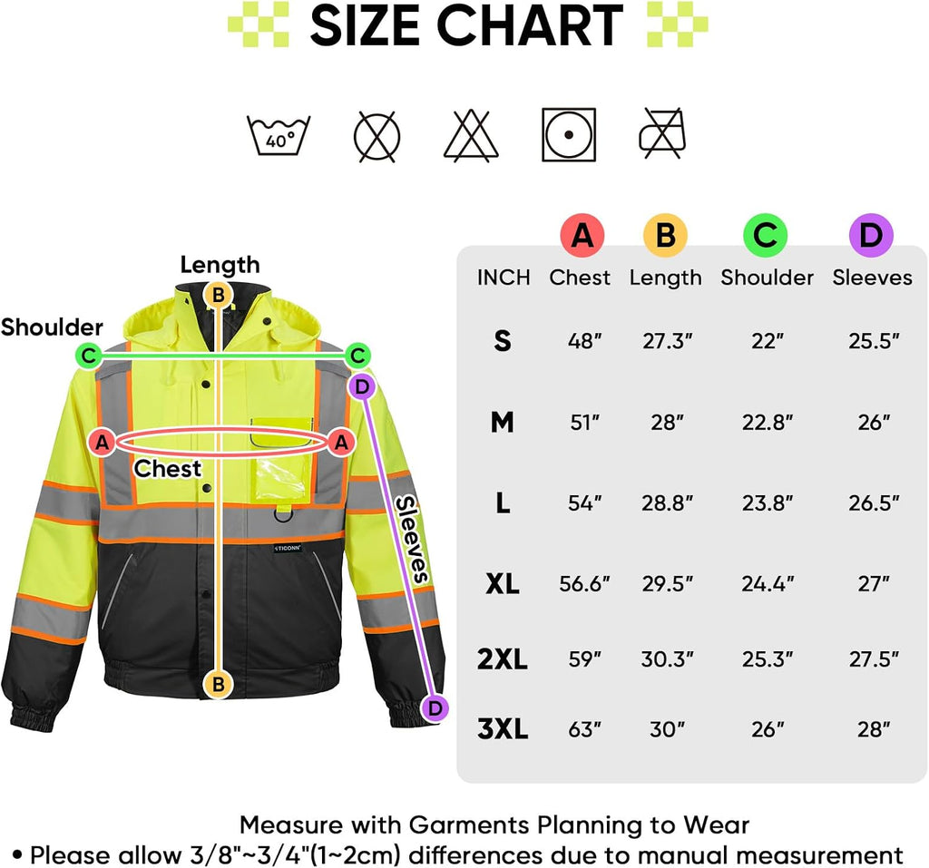 TICONN Hi Vis Safety Bomber Jacket, Fleece-Lined Waterproof ANSI Class 3