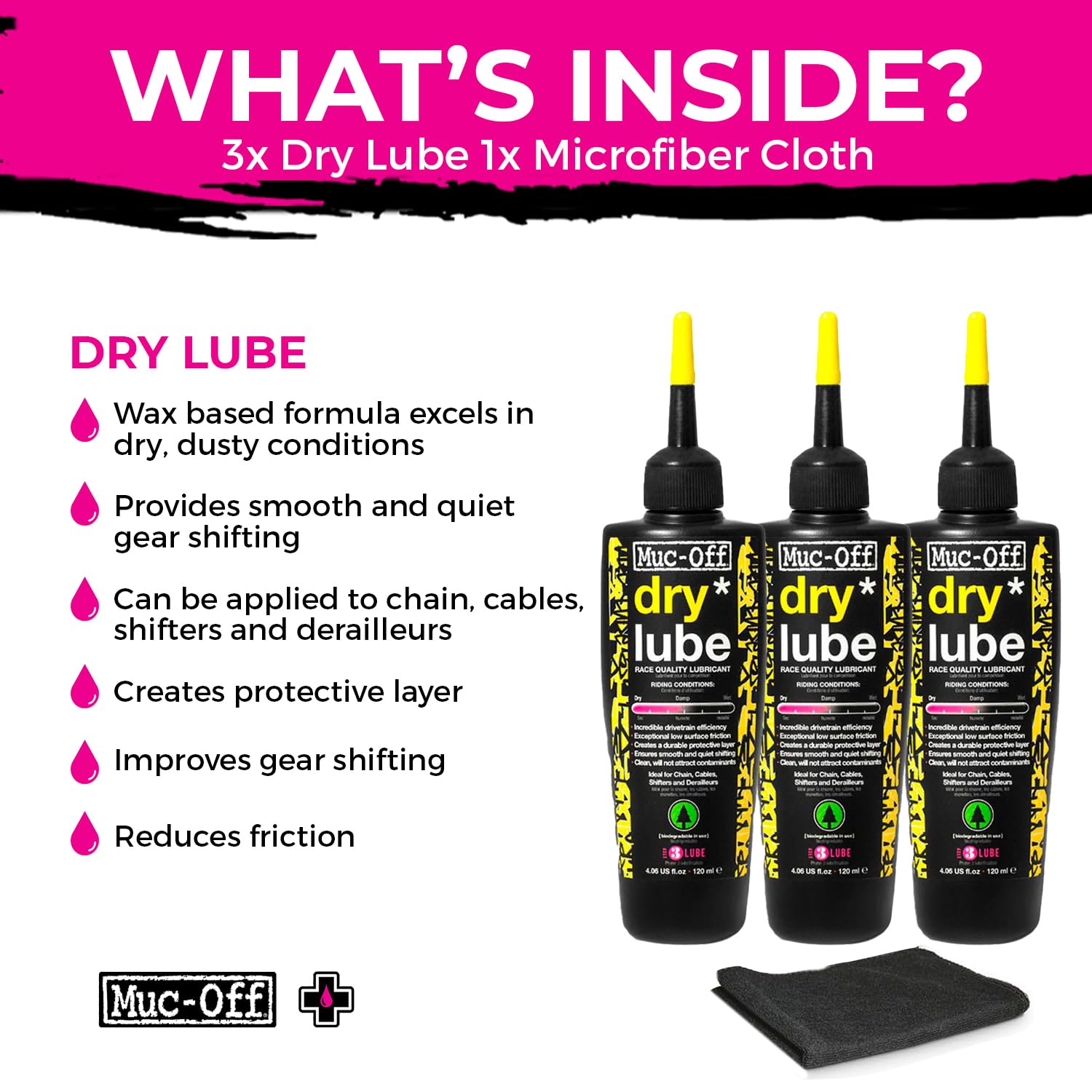 Muc-Off Bio Dry Bike Chain Lube 120ml (Pack of 3) Wax-Based Formula for Smooth Gear Shifts | Creates Protective Layer and Reduces Friction | Pipette System for Easy Application