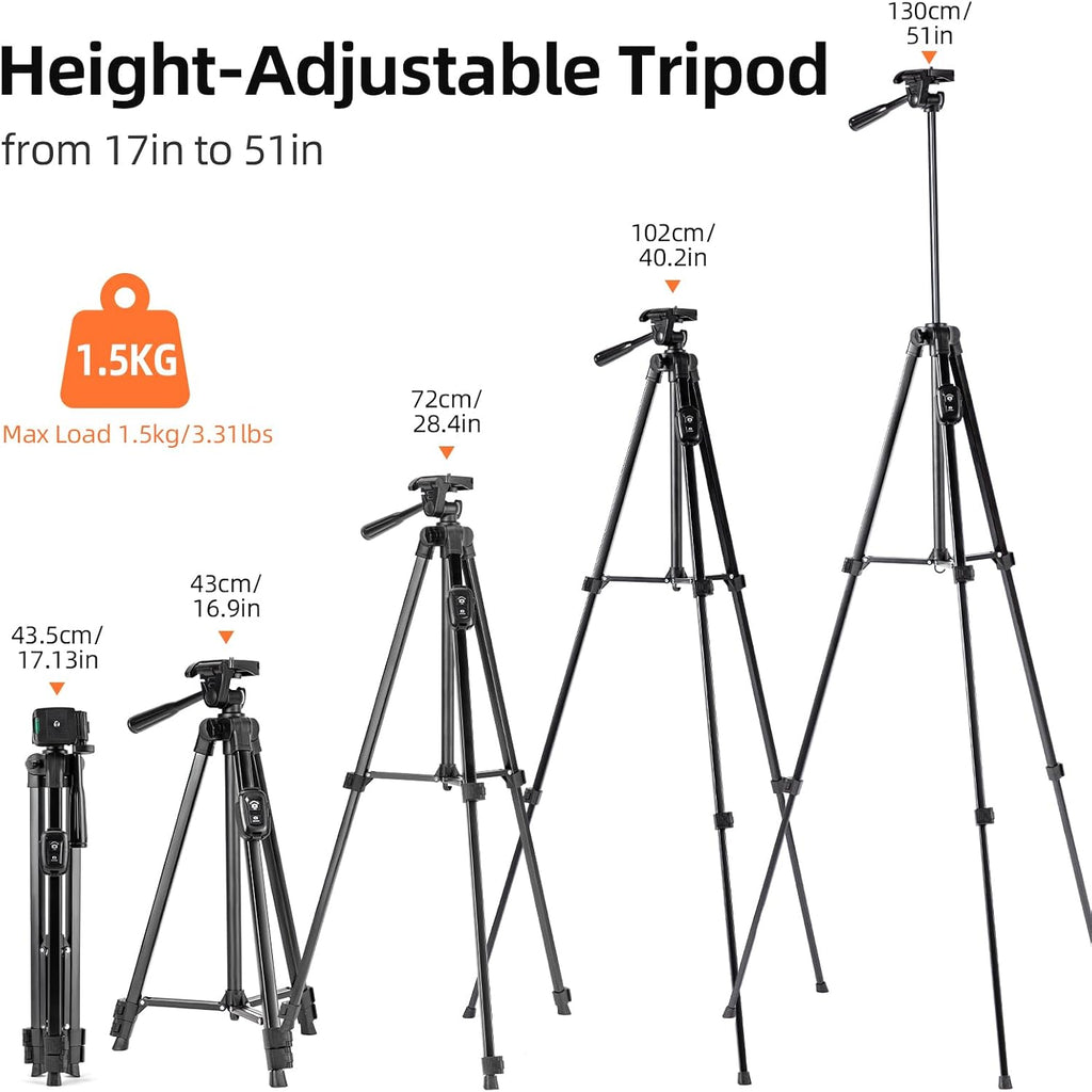 Fotopro Camera Tripod, 51'' Lightweight Portable Travel Tripods for Camera and Phone with 3-Way Head Remote Control Cellphone Holder Travel Bag, Aluminum Phone Tripod Stand for Recording LiveStreaming