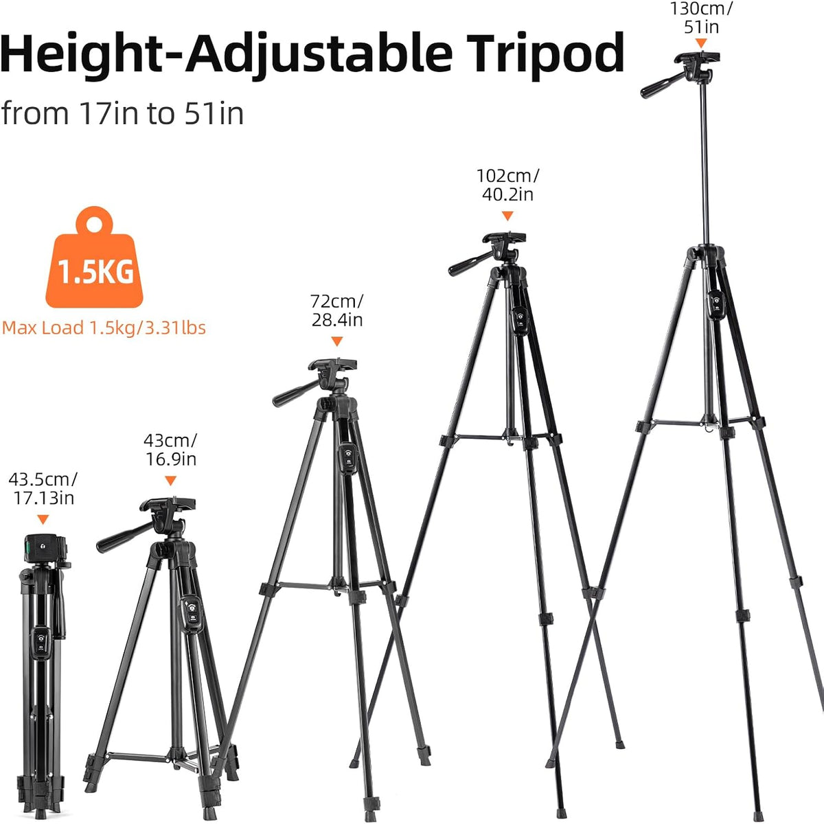 Fotopro Camera Tripod, 51'' Lightweight Portable Travel Tripods for Camera and Phone with 3-Way Head Remote Control Cellphone Holder Travel Bag, Aluminum Phone Tripod Stand for Recording LiveStreaming