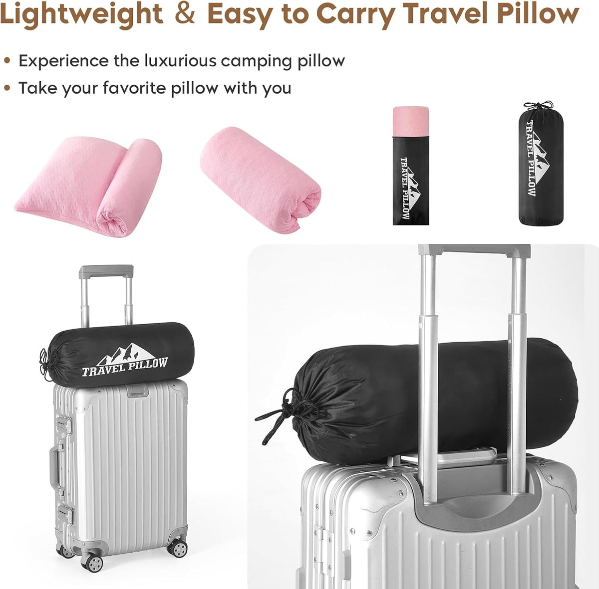 Small Shredded Memory Foam Pillow, Camping Pillow Travel Pillow - Compressible Medium Firm, Breathable Cover, Ideal Backpacking Hiking, Airplane and Car (Apricot Pink, S)
