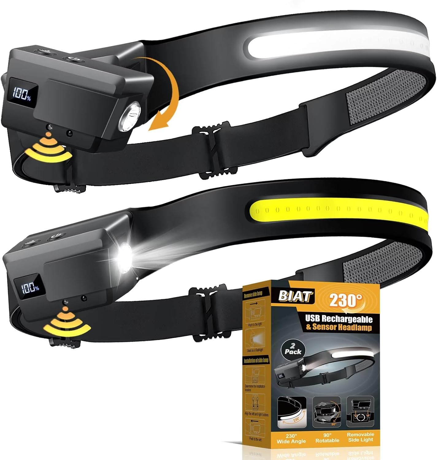 LED Headlamp Rechargeable 2PCS, 230° Wide Beam Headlight with Motion Sensor, 90° Rotation and Removable Head Lights for Forehead, 5Mode Head Lamp for Adults, Camping Essentials Gear for Hiking