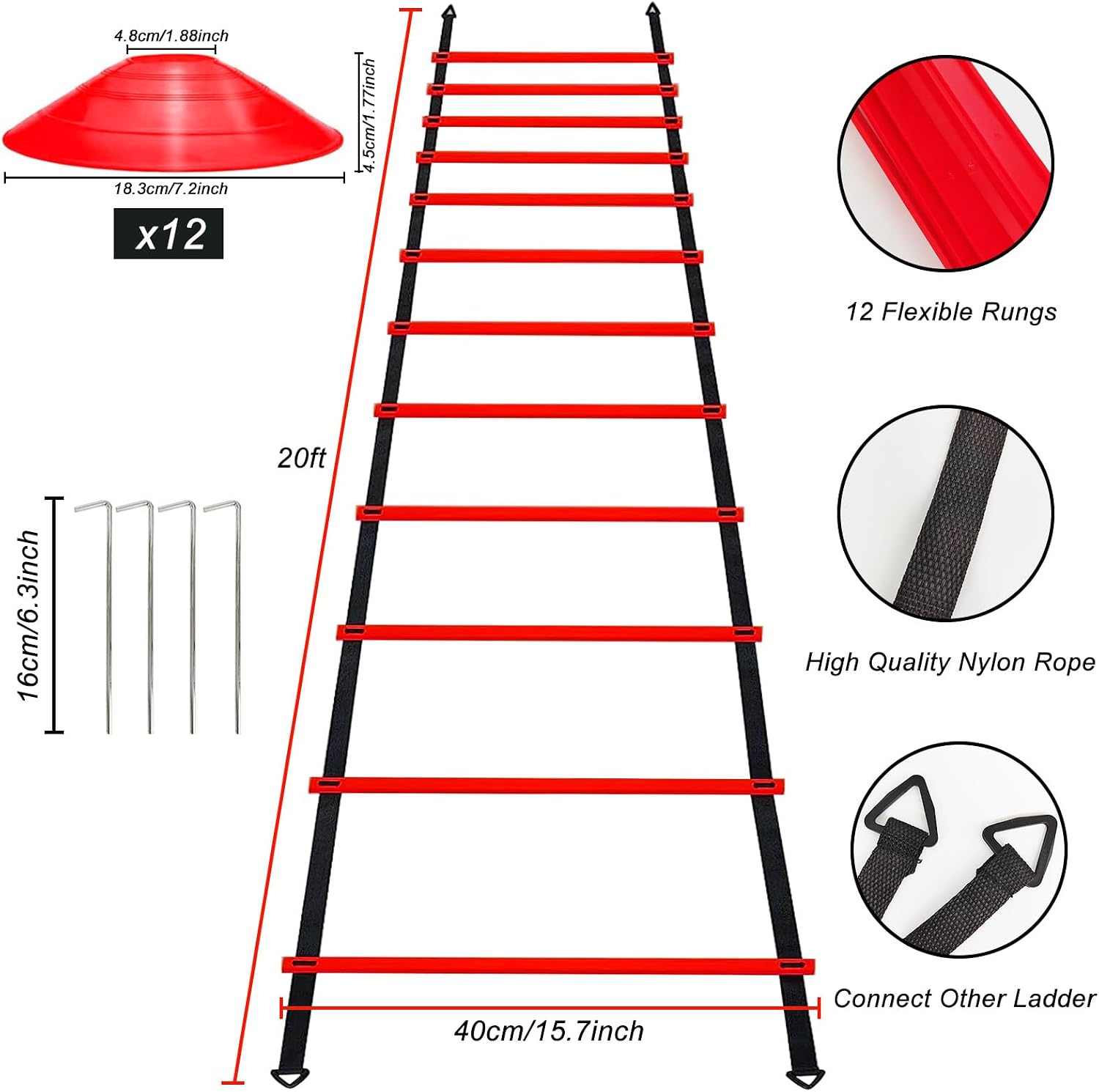 YEXEXINM Professional Agility Ladder Speed Training Equipment Set-20ft Agility Ladder,12 Soccer Cones, 4 Agility Hurdles, Running Parachute, Suitable for Soccer Football Basketball Training