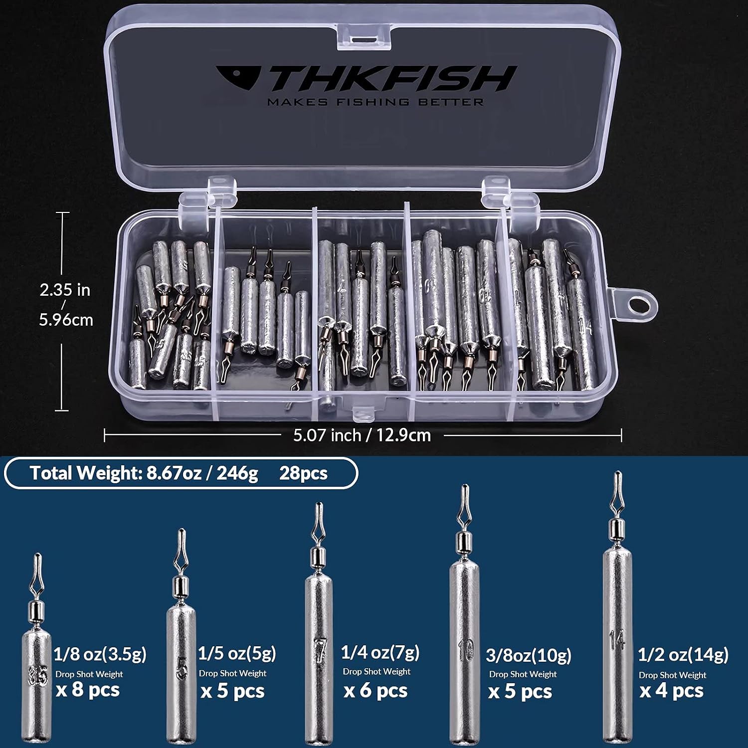 THKFISH Fishing Weights Sinkers Set, 28PCS Fishing Sinker Drop Shot Weights Kit,Drop Shot Rig Wacky Hooks for Saltwater Freshwater Bass Fishing