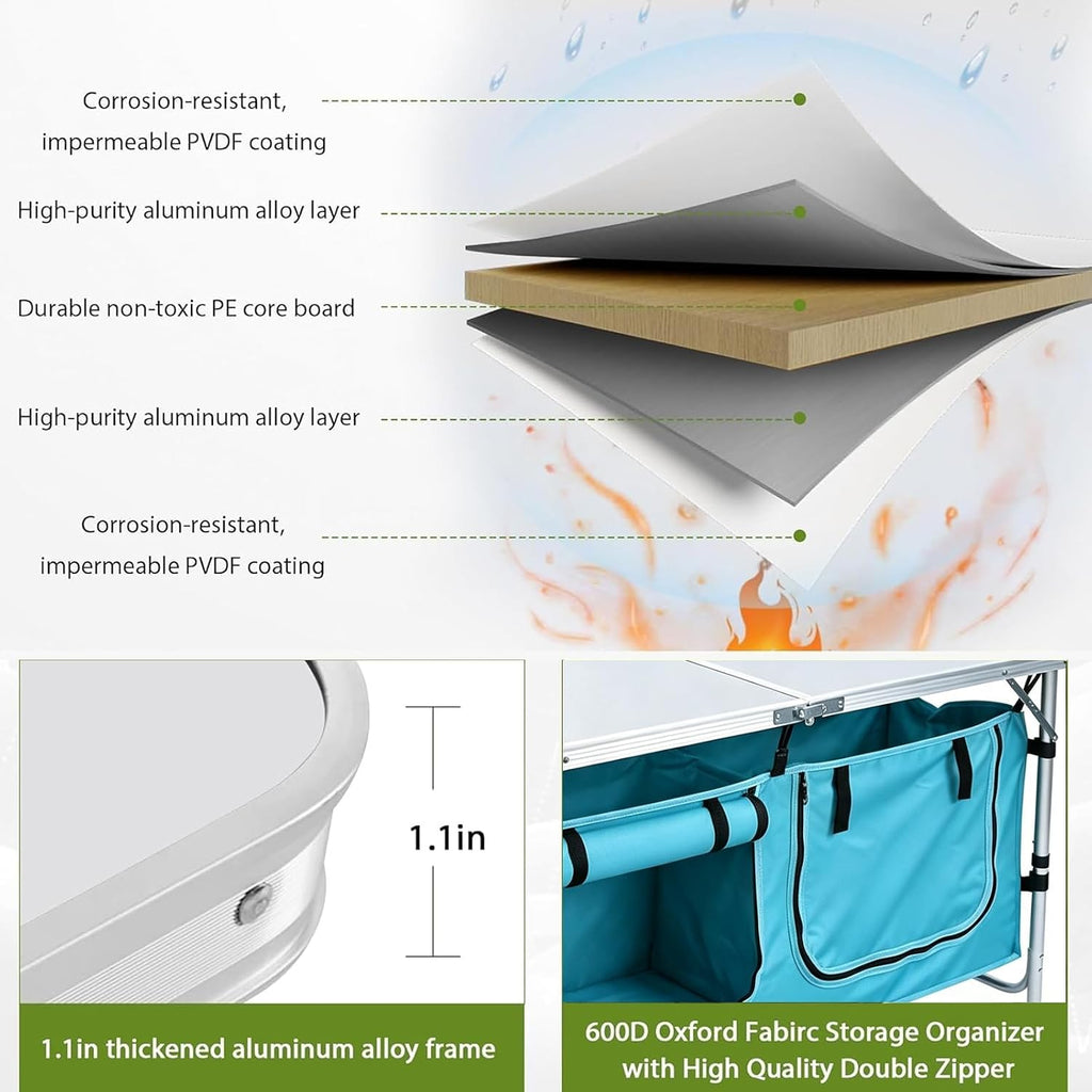 JOUYEK Camping Table, Folding Kitchen Table with Storage Sky Blue
