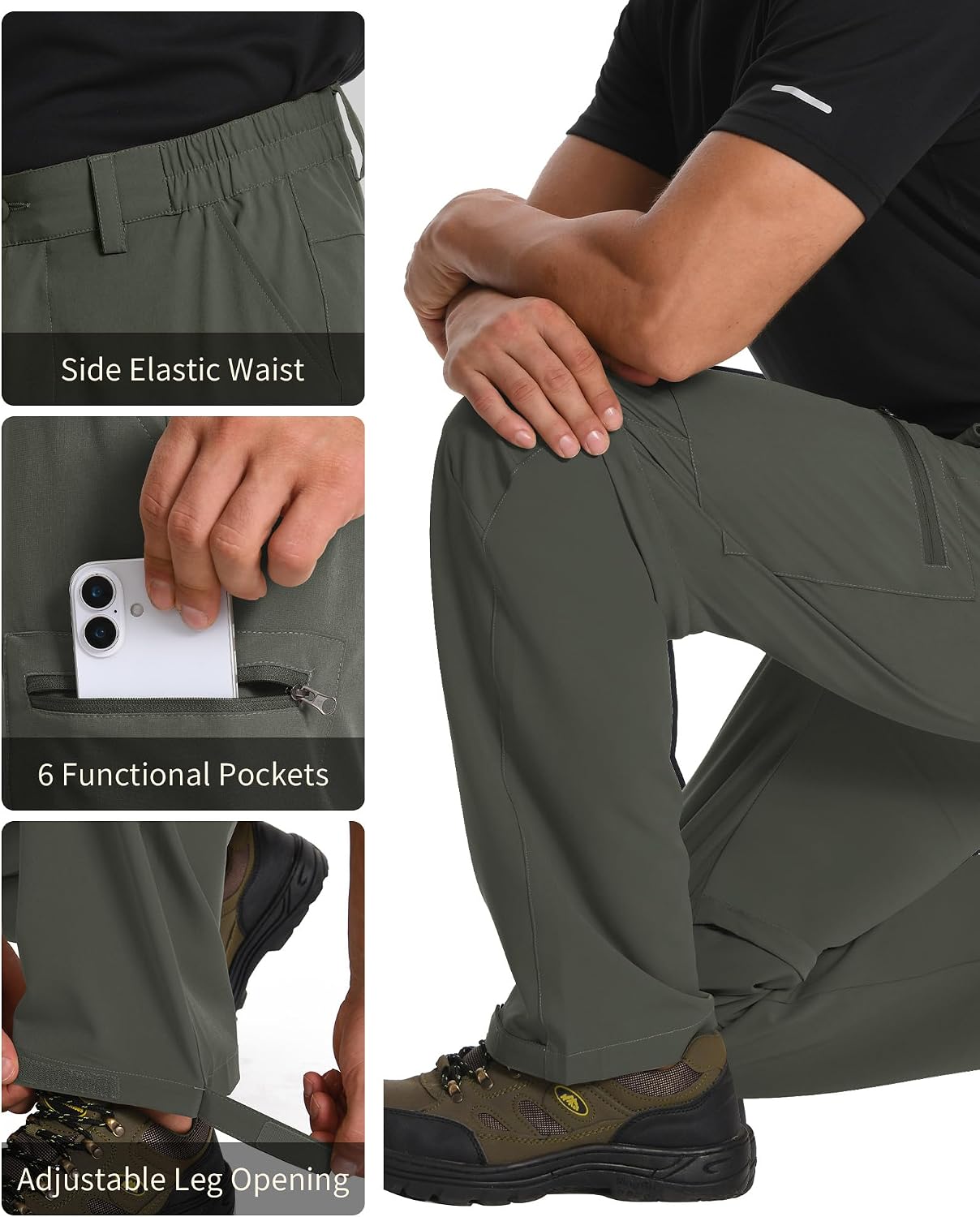 Mens Hiking Pants Convertible Quick Dry Zip Off Tactical Cargo Pants Water Resistant Lightweight Outdoor Pants with 6 Pockets