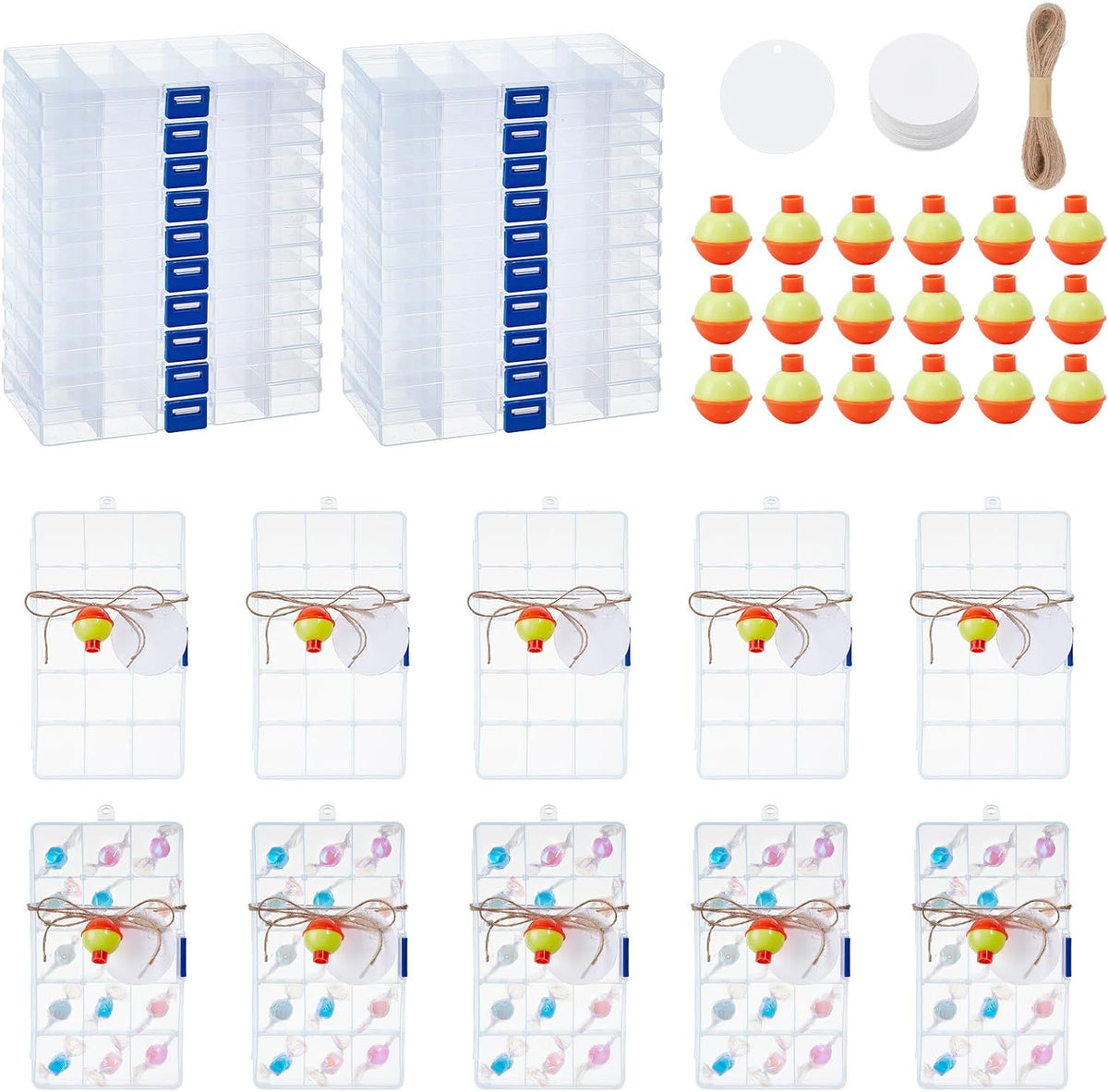 30 Set Fishing Candy Little Tackle Boxes with 30 Fishing Bobber 20M Jute Twine 30 Kraft Paper Tags for Decoration Fishing Party Favors Gone Fishing Theme Supplies (Non-Removable Partition)