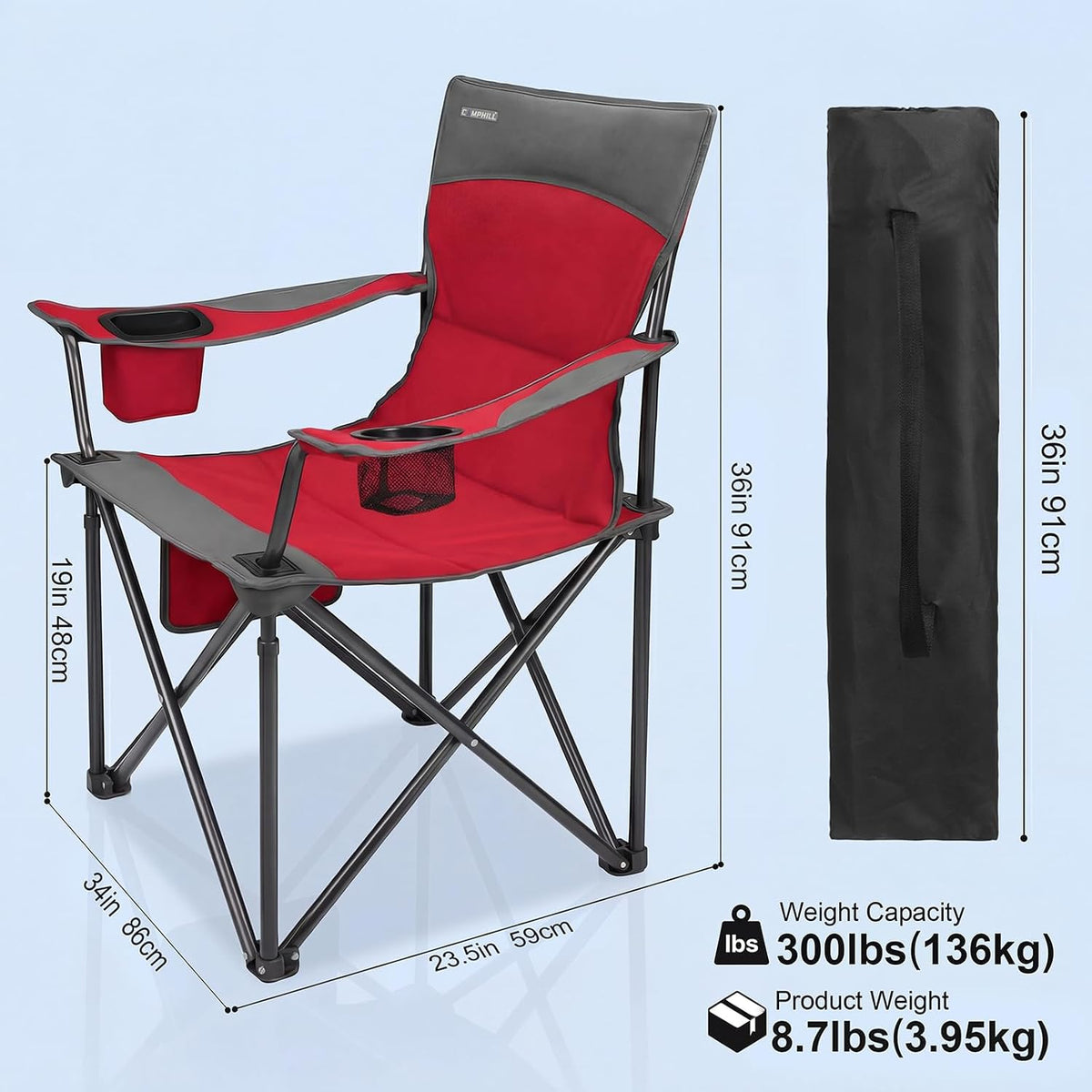 Oversized Camping Chair for Adults - 2 Pack Padded Lawn Chairs with Cup Holder & Side Pocket,Heavy Duty Folding Outdoor Chairs for Camp,Sports,Picnic,Beach,Red