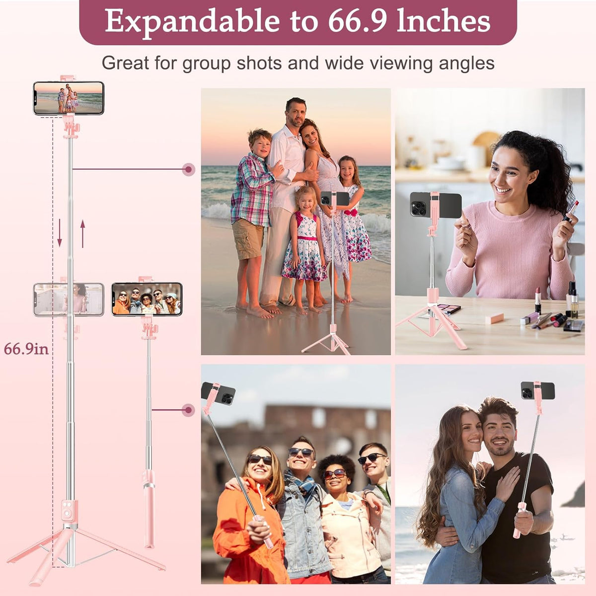 Selfie Stick Tripod with Fill Light, Phone Selfie Stick,Durable Stainless Steel Design,Bluetooth Remote Control,and Stable Three-Legged Support for Live Broadcasts,Video Shooting (Pink)
