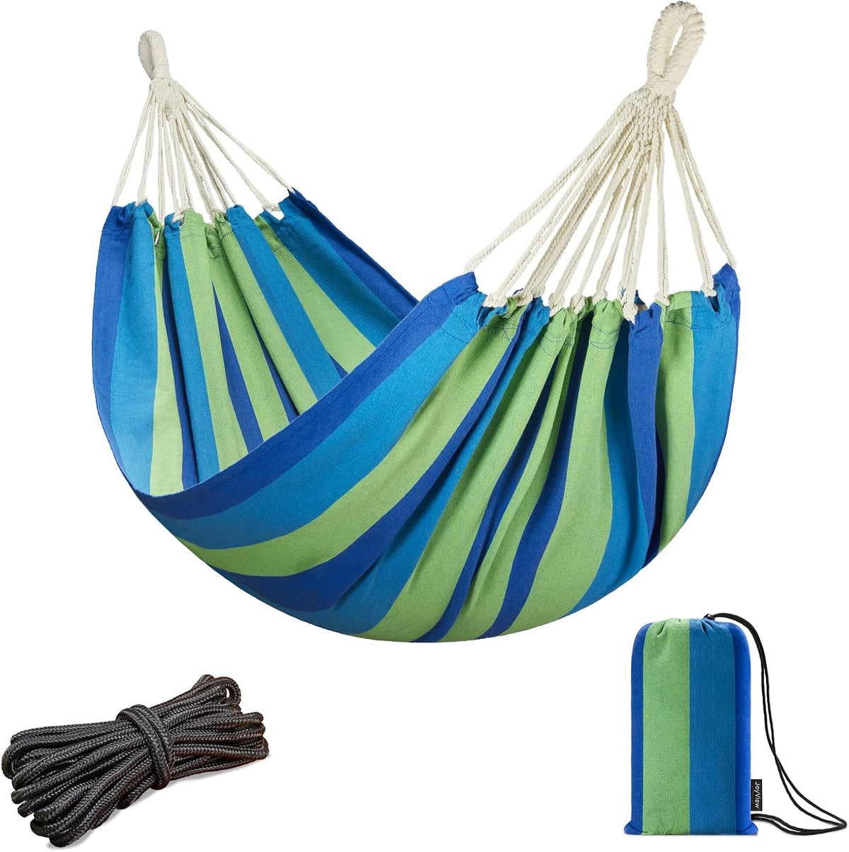 JoyView Brazilian Hammock for Single Person Portable Hammock with Hanging Ropes & Carry Bag Large 78.8x39.4” for Patio 300LBS Capacity Perfect for Outdoor/Indoor - Blue Stripes