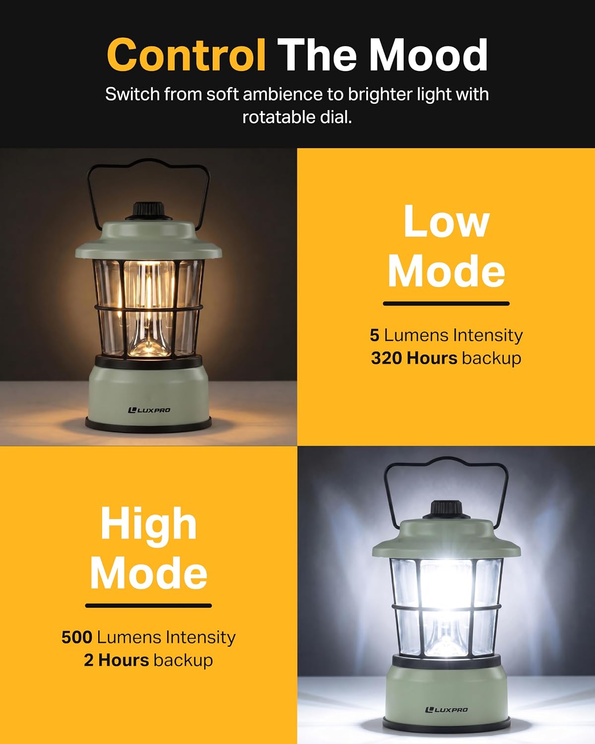 LUXPRO Rechargeable Retro Lantern LED Camping Lantern, Sage Green, 2 Pack