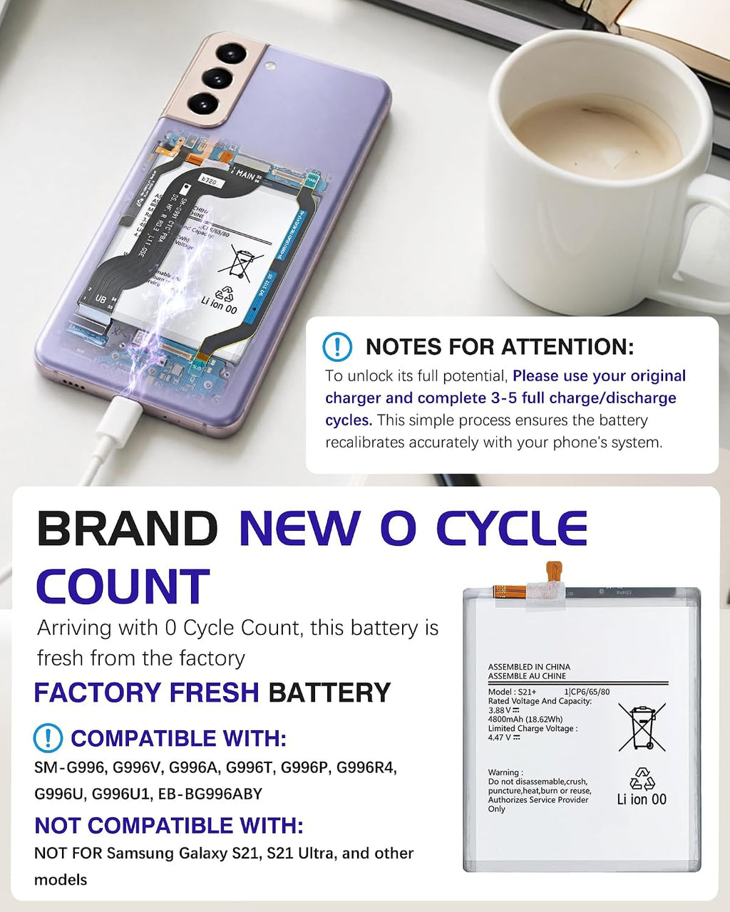 Galaxy S21 Plus 5G Replacement Battery,4800mAh EB-BG996ABY