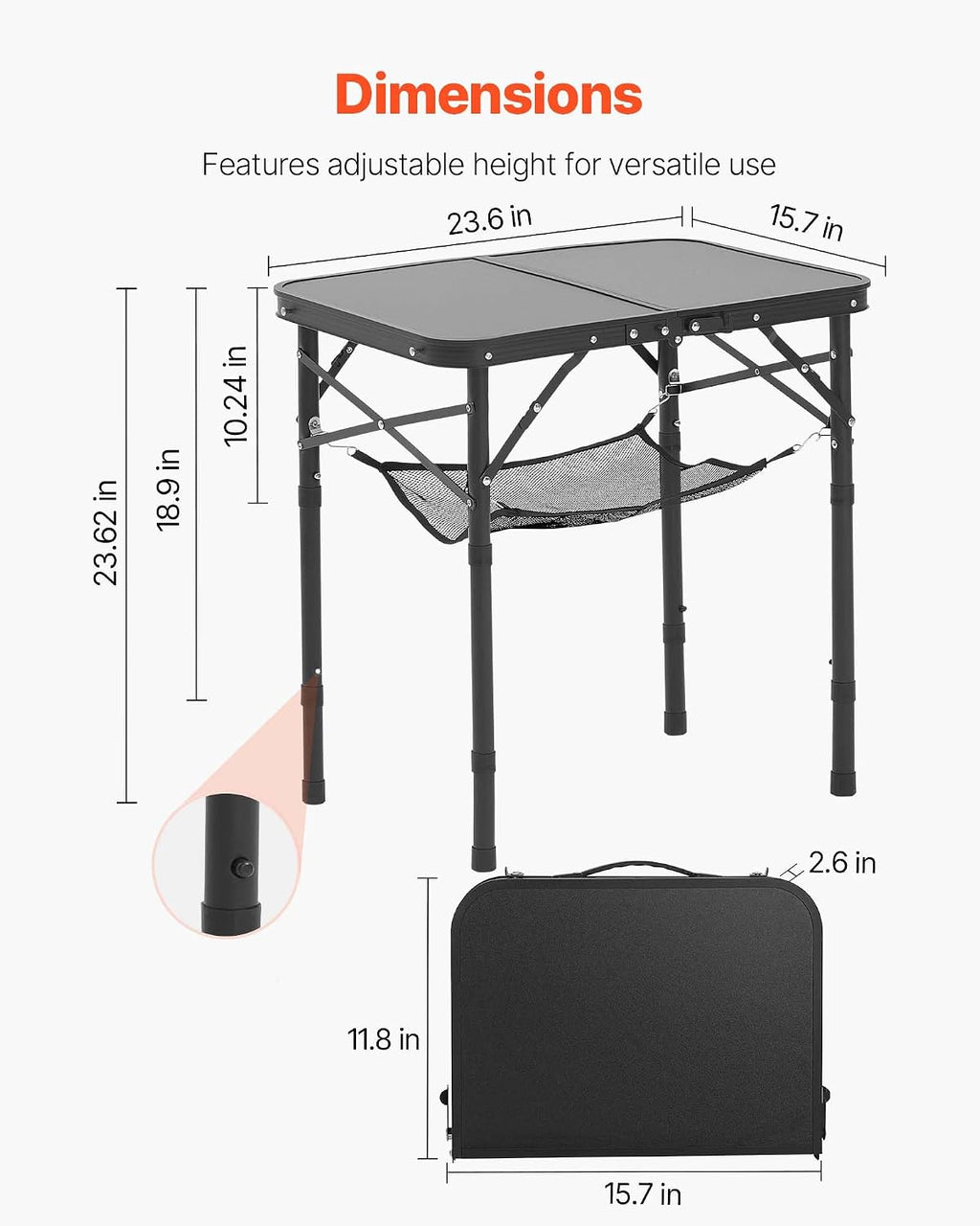 VEVOR Folding Camping Table, Adjustable Height Aluminum MDF Outdoor Portable Lightweight, for Cooking, Beach, Picnic, Travel, 24 x 16 inch