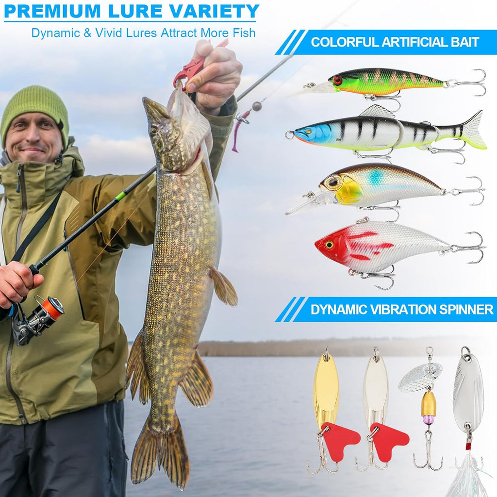 TCMBY 3 Layers Tackle Box with Tackle Included, 321Pcs Fishing Lures Kit Contains Pliers, Crankbait, Hooks, Weights & Accessories, Fishing Gear Bait Lure Gifts for Men Bass Freshwater (White Black)