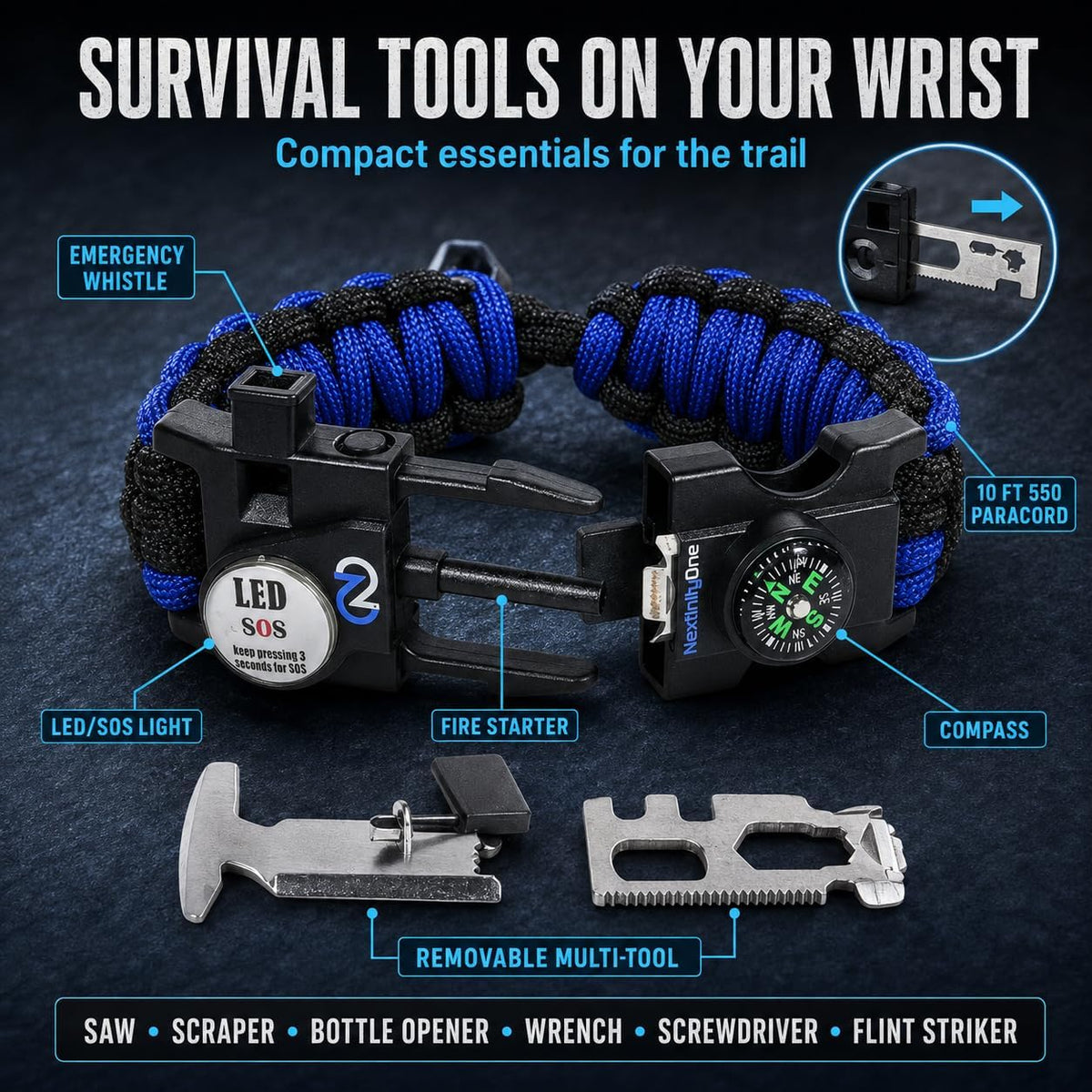 Nexfinity One Paracord Bracelet Set of 2-6-in-1 Survival Gear with SOS LED Light, Fire Starter, Compass, Loud Whistle & Multitools - Adjustable 550 Grade - Gift for Men, Camping, Hiking