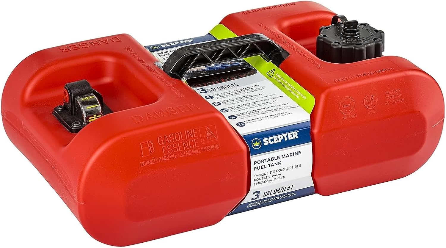 Scepter 3 Gallon Portable Marine Gas Can, Boat Fuel Tank, 2-Way Vented Cap, Built-In Fuel Line Pick-Up, Top Handle, EPA & CARB Compliant, Neptune Series, 17.25"L x 11"W x 8.5"H (08590)