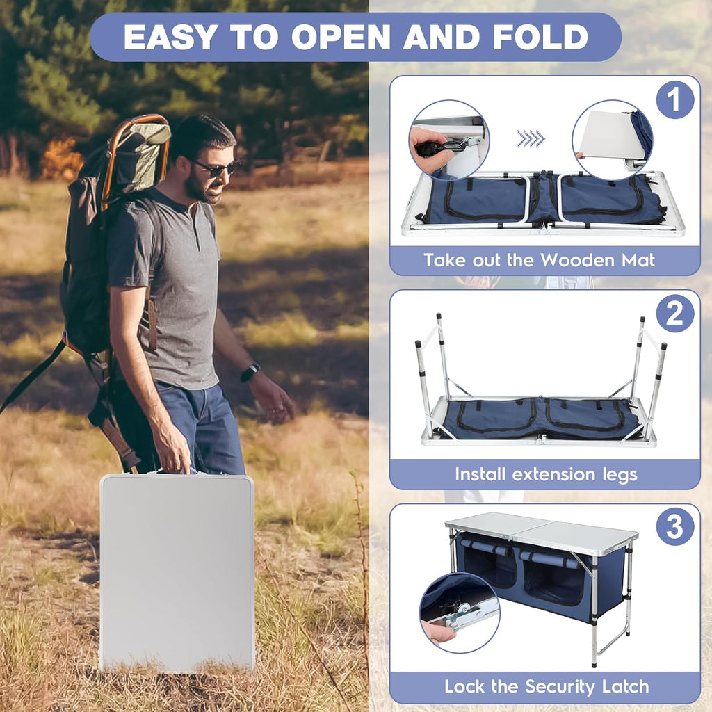 Outdoor Folding Camping Table with Storage Organizer(Blue)