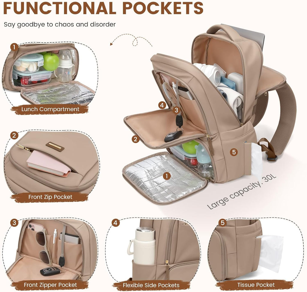GOLF SUPAGS Lunch Backpack 16 Inch Laptop Backpack with Insulated Cooler Lunch Box Food Bag for College Work Camping Picnics (Champagne)