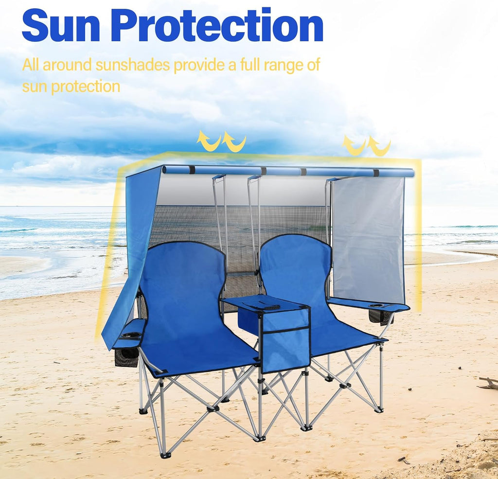 Double Camping Chair with Canopy Shade,Beach Chair Support 600LBS,Blue