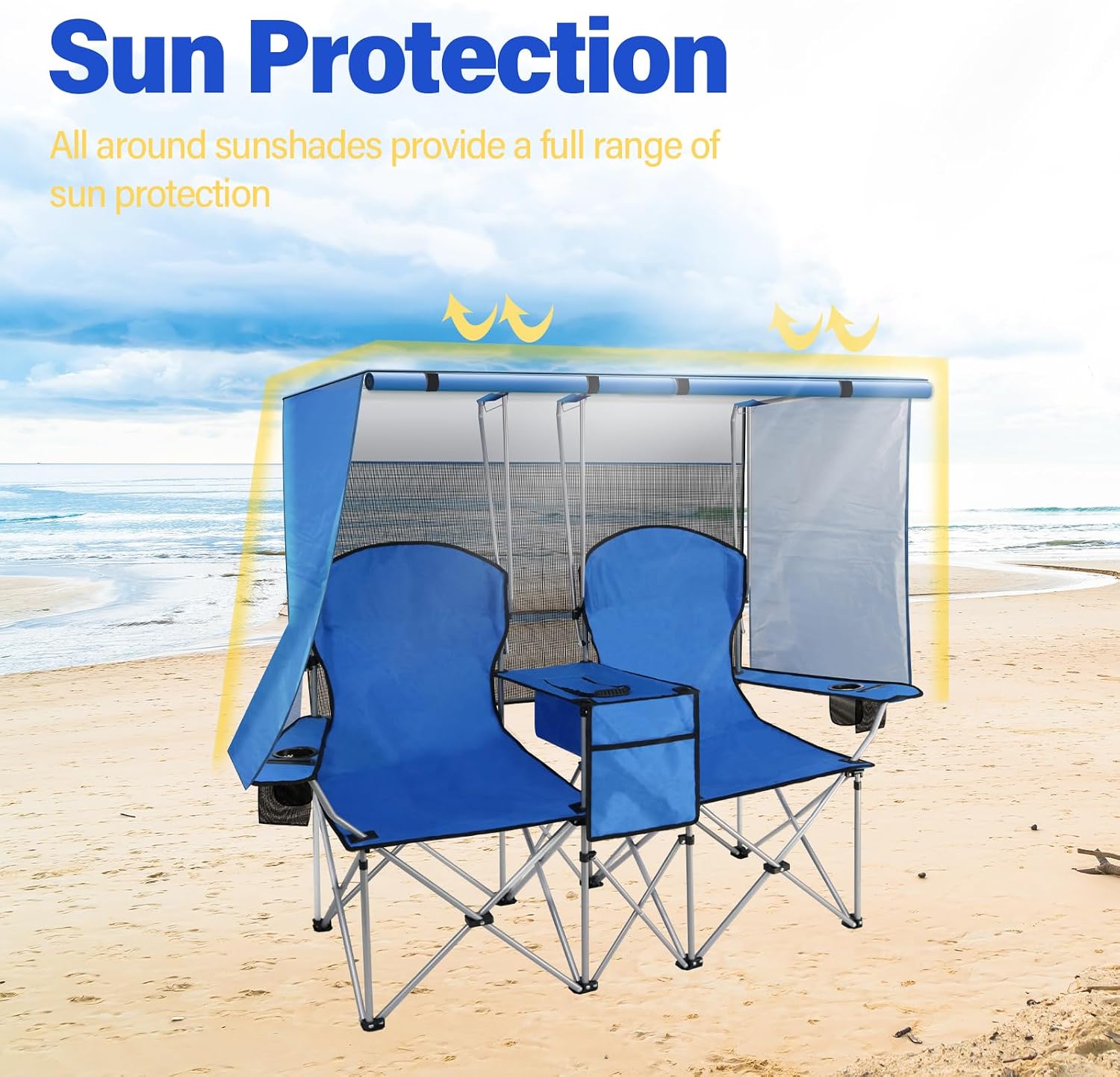 Double Camping Chair with Canopy Shade,Beach Chair Support 600LBS,Blue