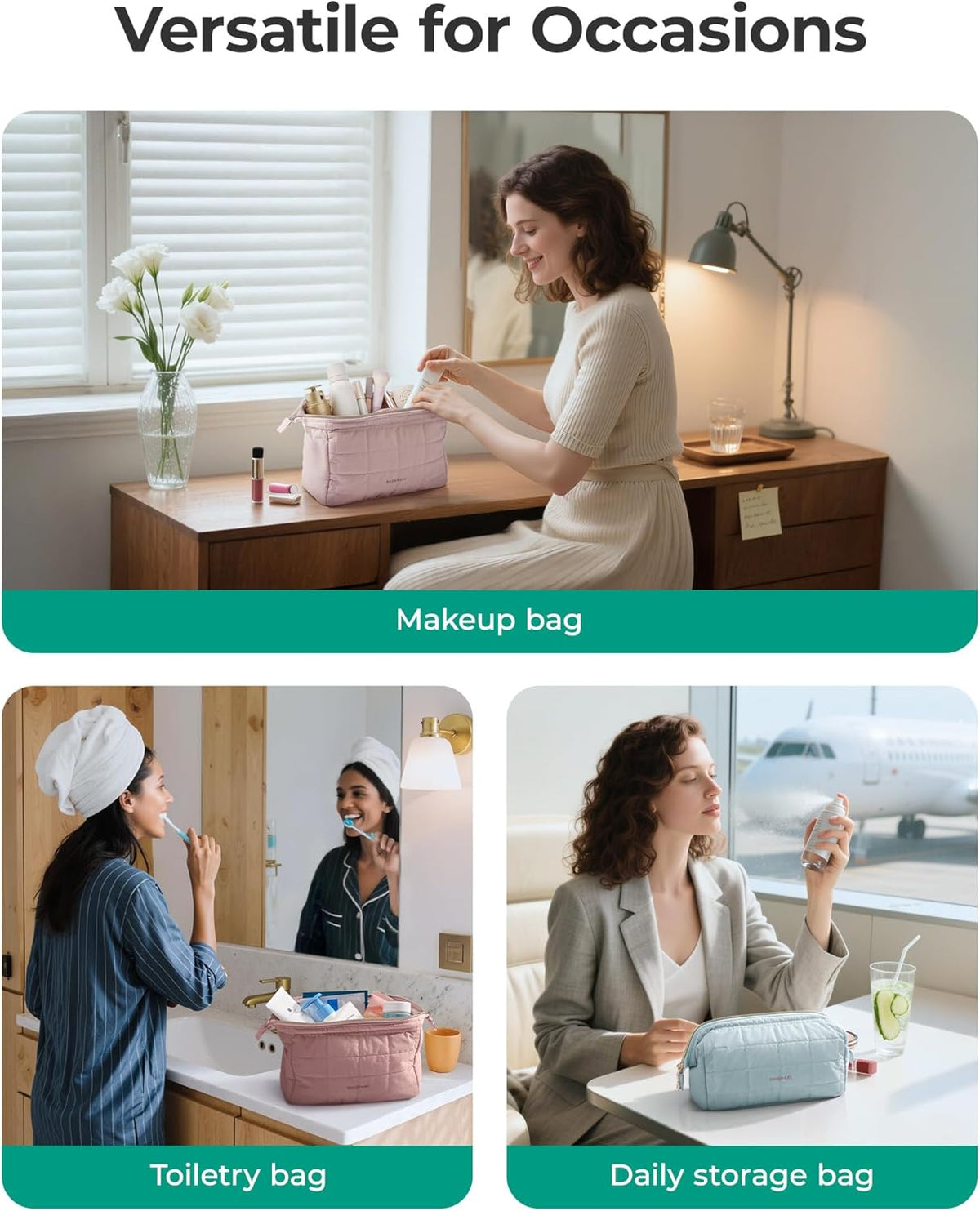BAGSMART Makeup Bag Travel Toiletry Bag, Puffy Padded Make Up Bags for Women Makeup Organizer Case, Wide-open Pouch Purse Travel Essentials Toiletries Accessories Brushes, Apricot Pink