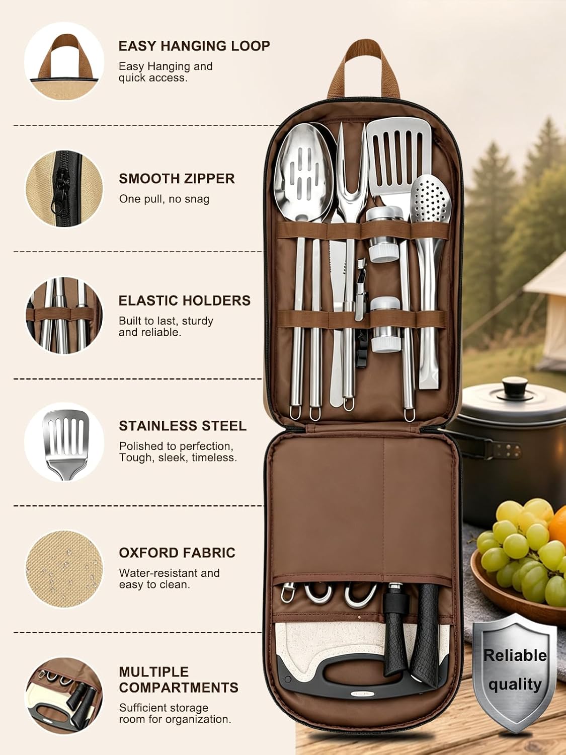 Portable Camping Utensil Set, 15PCS Camping Cookware with Organizer Cooking Kit Stainless Steel Accessories with Knife Fork Spoon RV Essentials Cook Equipment for Picnics BBQs Travel