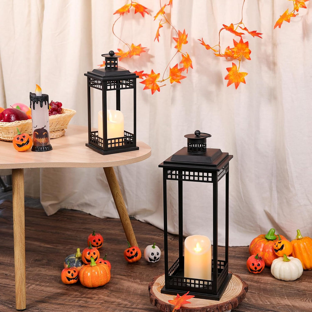 Decorative Candle Lanterns Set of 2, Black Metal for Indoor & Outdoor