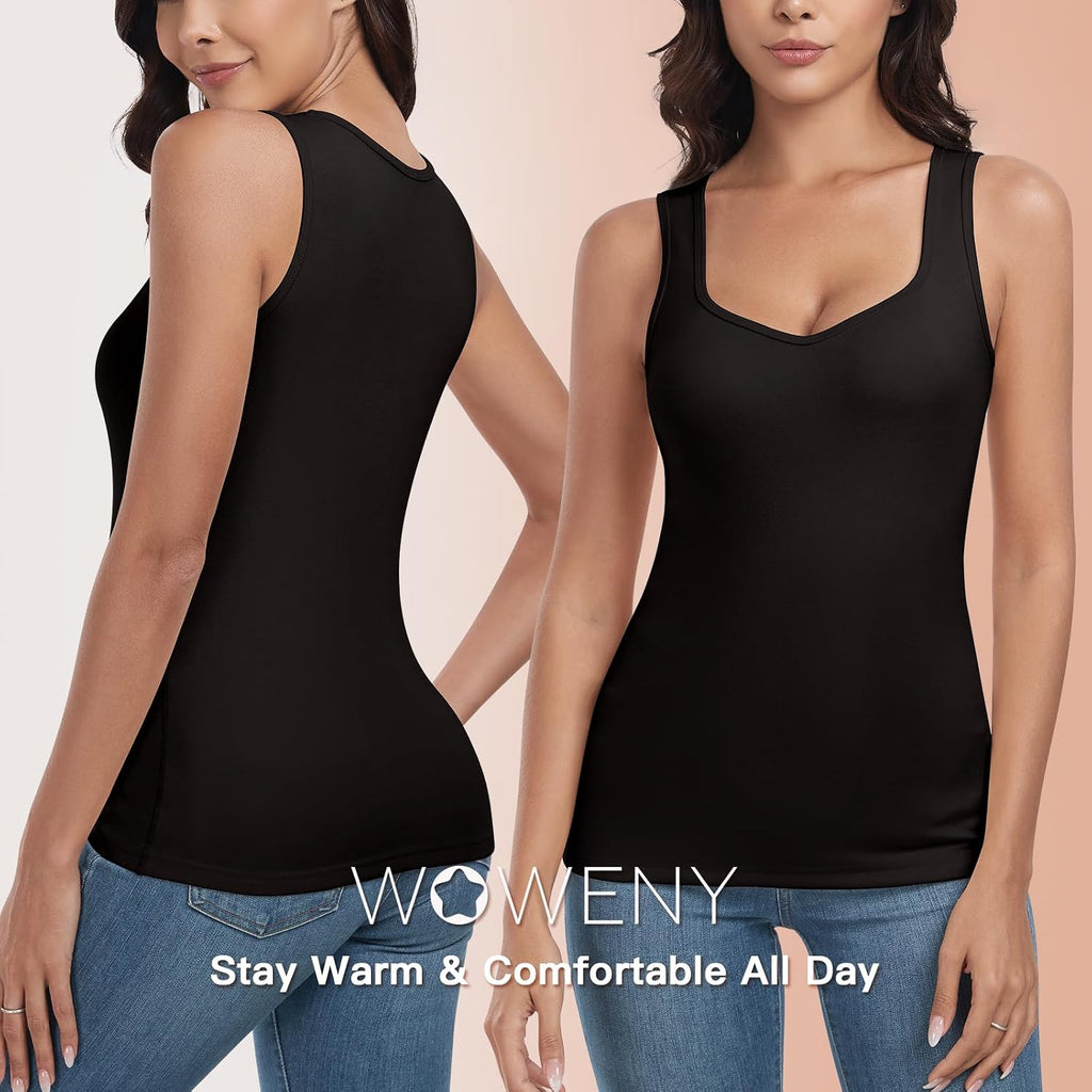 WOWENY Thermal Fleece Tank Top for Women V Neck Sleeveless Shirts Camisole Warm Base Layer Cami Vest Underwear Tops