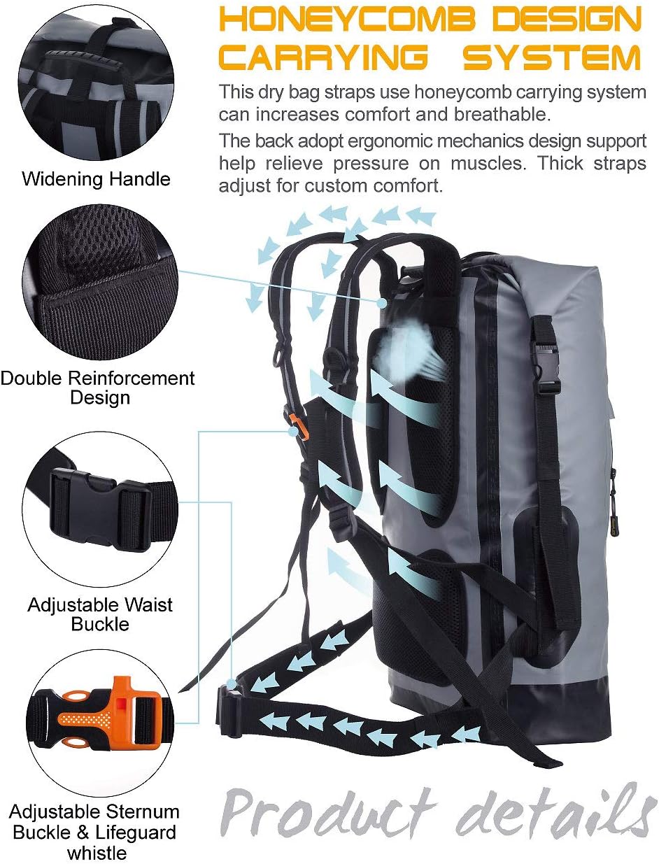 dry Waterproof Backpack and Dry Bag 20L/30L/40L, Floating Bag for Men, Kayak, Gray, 30L, Hiking Backpack