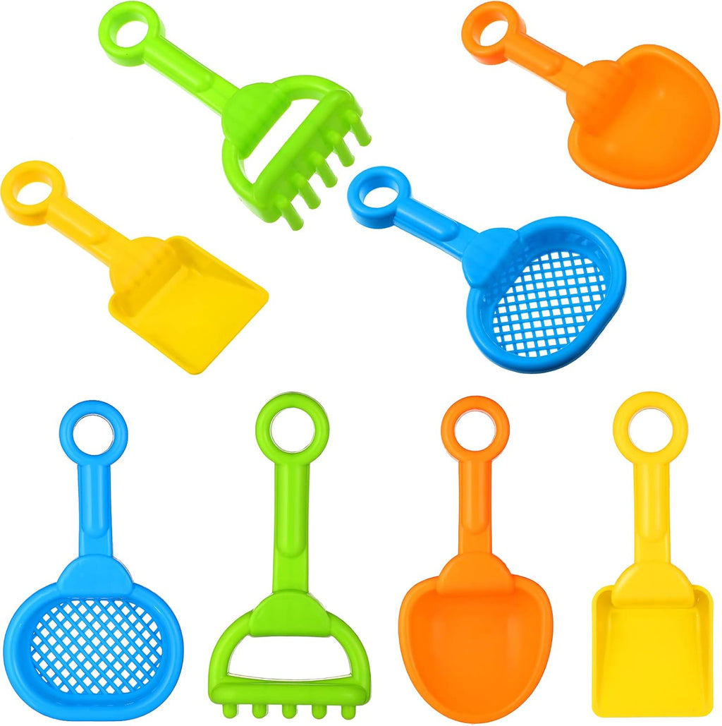 Skylety 8 Pcs Sand Shovels for Kids Beach Toys Plastic Rake Sifter,None | 4 Tool Styles for Sandbox Play, Plastic with Hanging Holes, Lightweight Summer Outdoor, Portable Travel Beach Essentials
