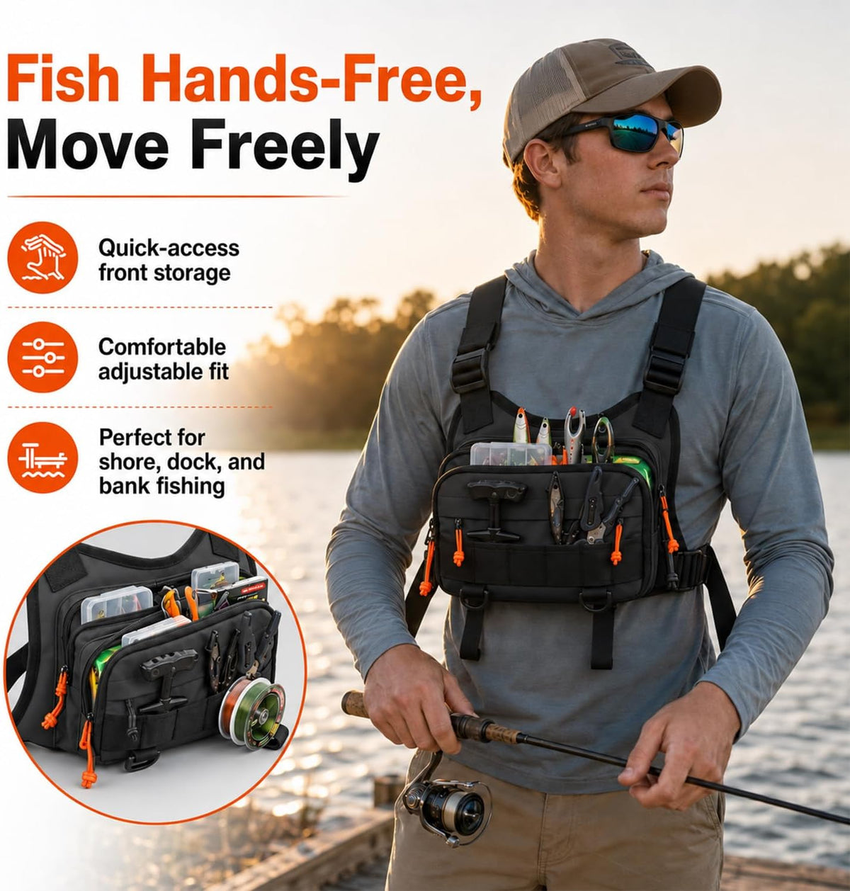 All in One Fishing Chest Pack Tackle Bag with Tackle Box, Fishing Lures Kit