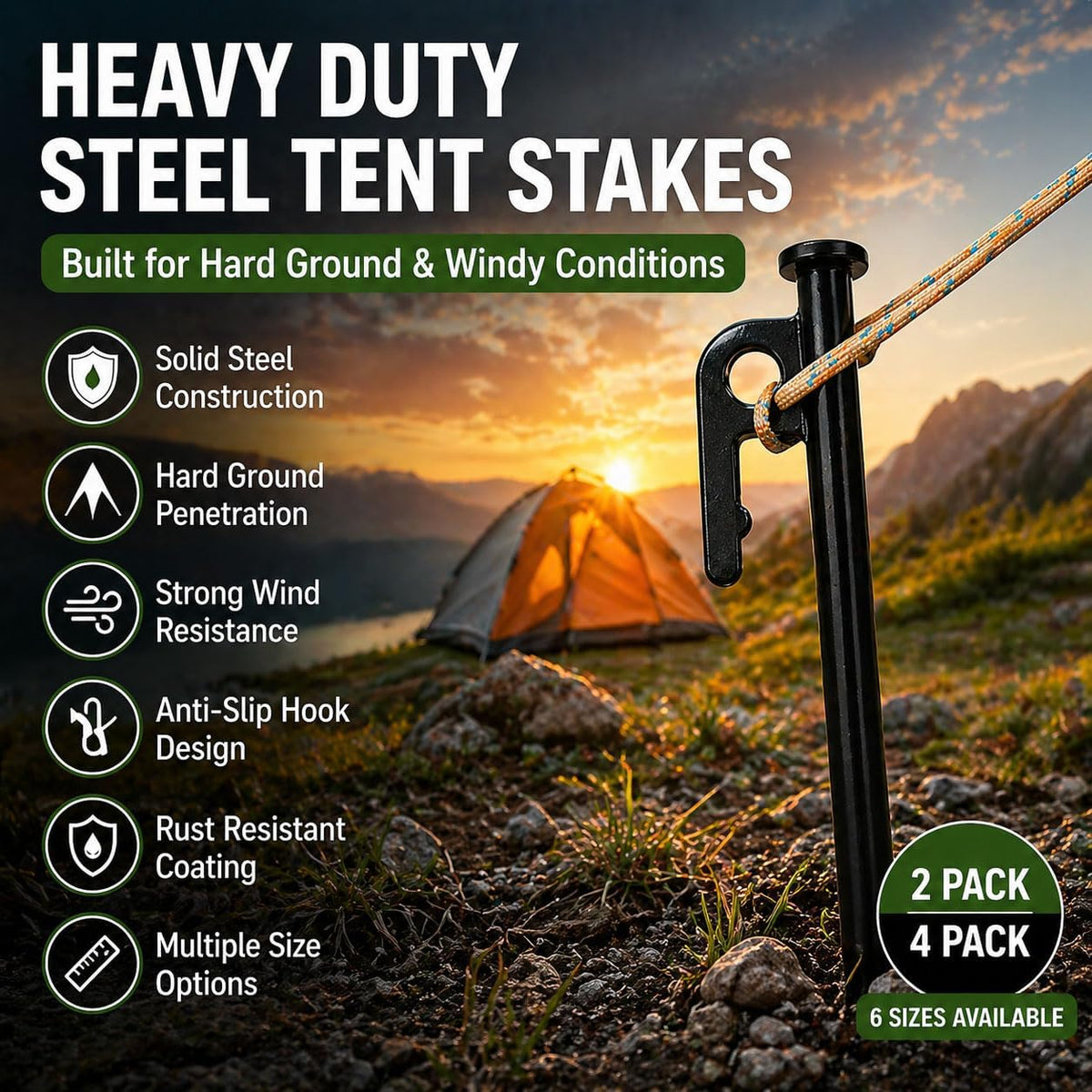 16 Inch Heavy Duty Steel Tent Stakes, 2 Pack Ground Anchors, Black