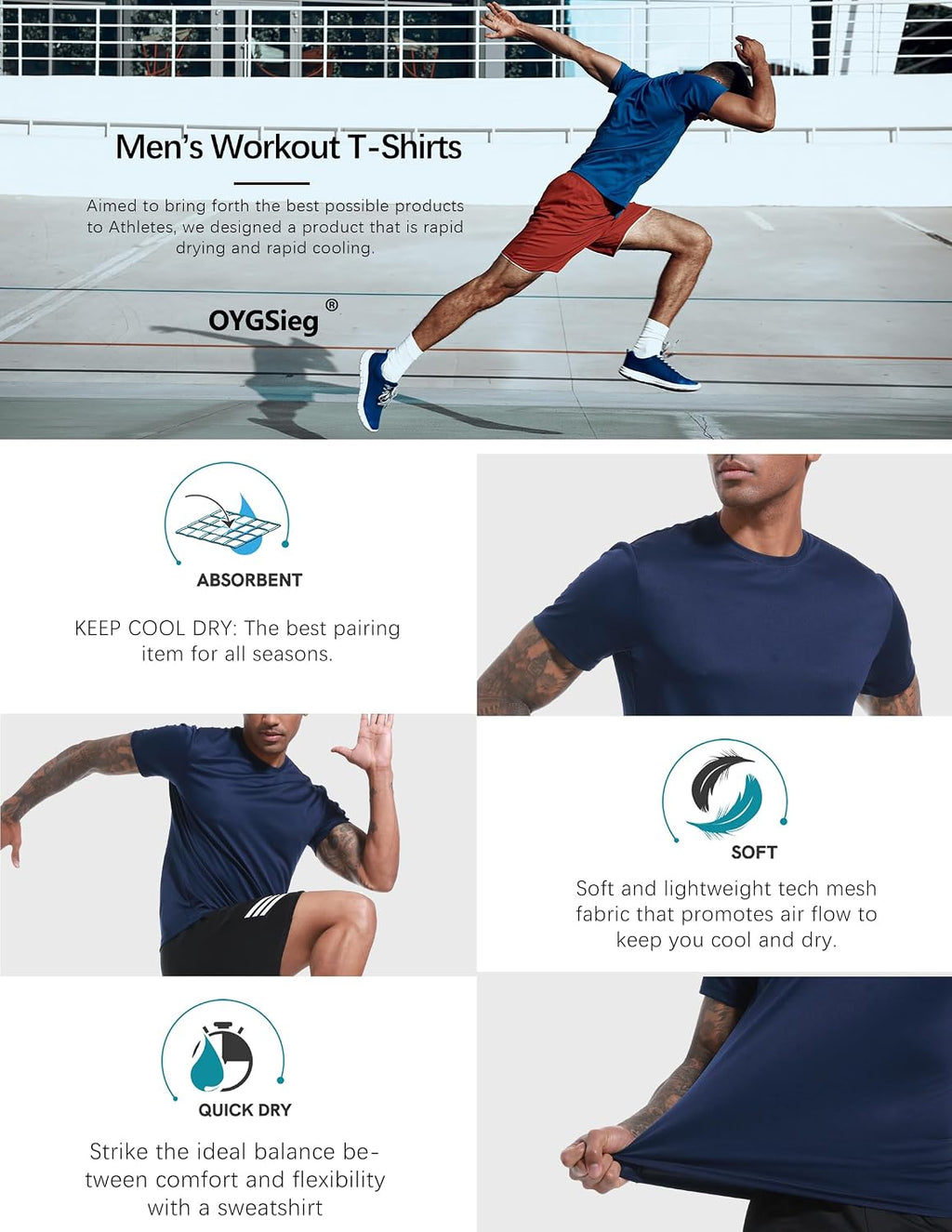 OYGSieg 5 Pack Men’s Quick Dry T-Shirts Short Sleeve Crew Neck Workout Tops