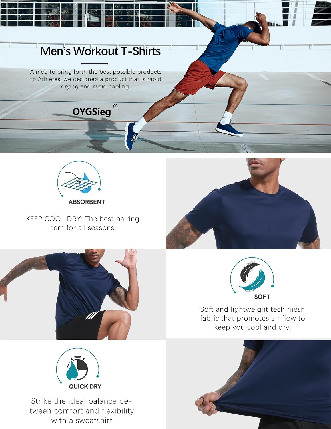 OYGSieg 5 Pack Men’s Quick Dry T-Shirts Short Sleeve Crew Neck Workout Tops