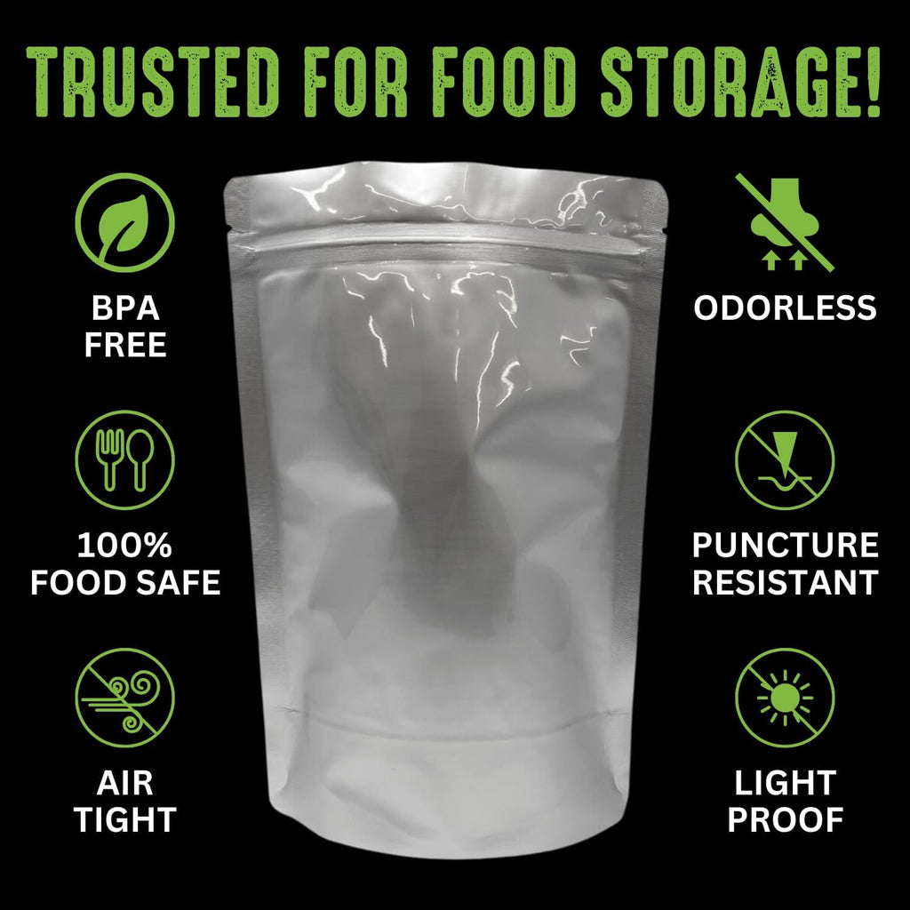 50 Mylar Bags for Food Storage, Airtight 7-Mil Thick Gusseted Zip Lock, Long Term, Reusable, Emergency Food Supply & Freeze Dryer Bags - 1 Pint 6x8 Inch