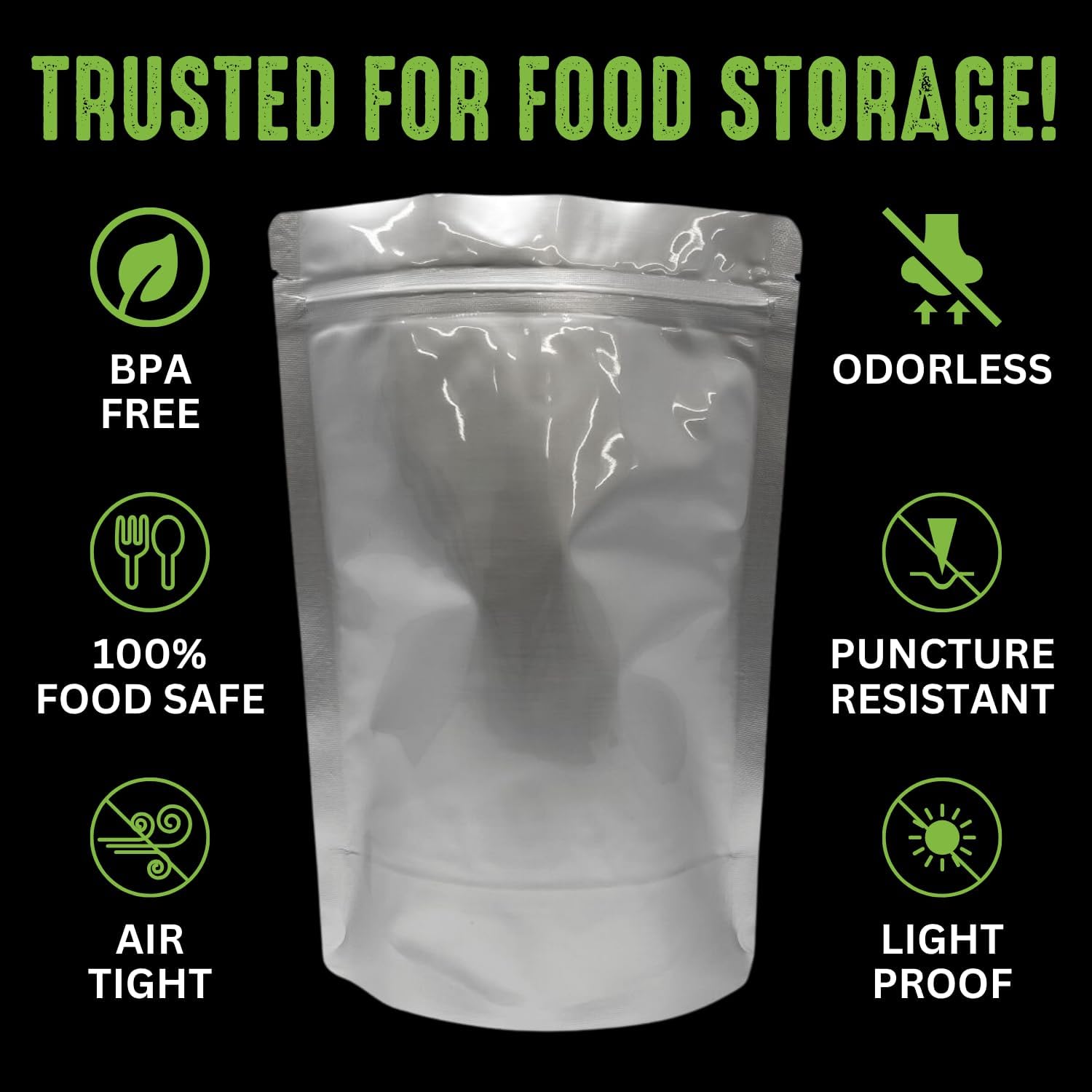 50 Mylar Bags for Food Storage, Airtight 7-Mil Thick Gusseted Zip Lock, Long Term, Reusable, Emergency Food Supply & Freeze Dryer Bags - 1 Pint 6x8 Inch
