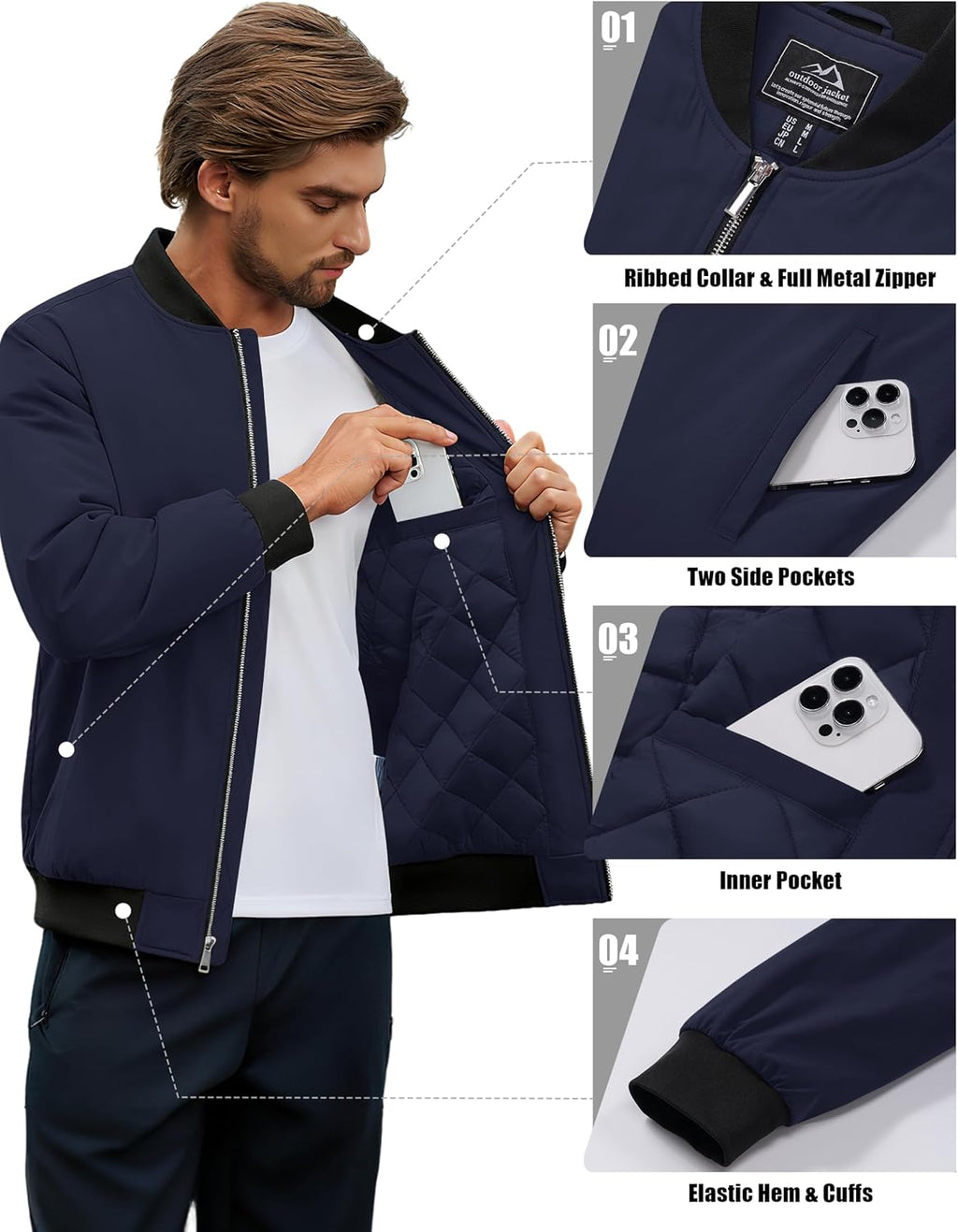 Cotrasen Men's Bomber Jacket Fall Winter Windbreaker Warm Quilted Coats