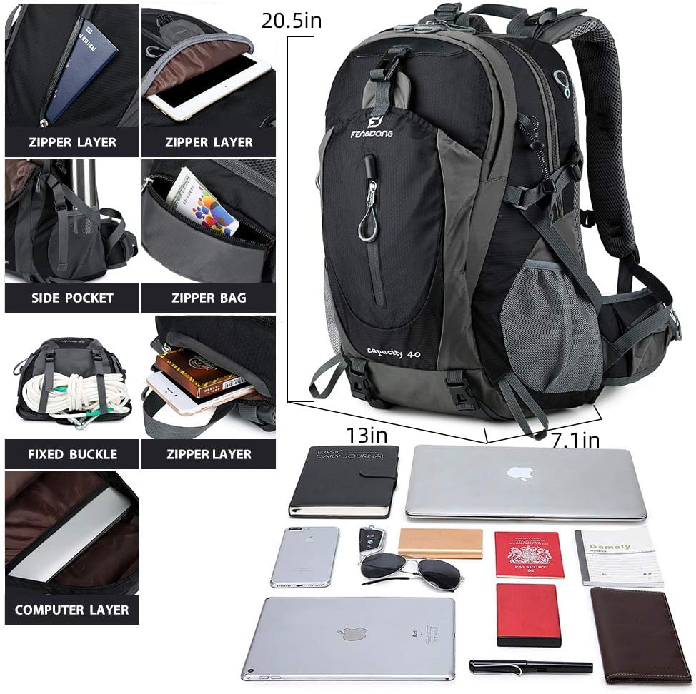 FENGDONG 40L Waterproof Lightweight Outdoor Daypack Hiking,Camping,Travel Backpack for Men Women Black