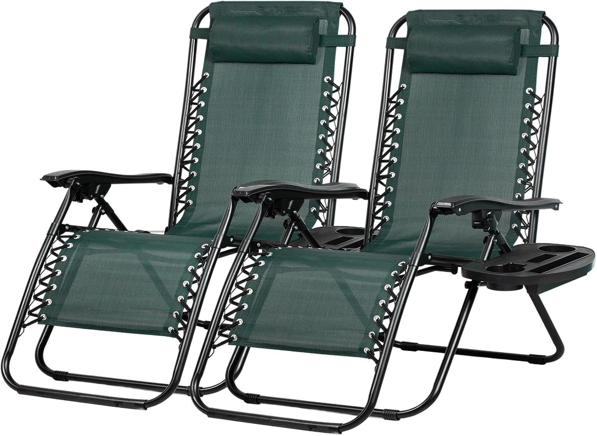 Nazhura Set of 2 Relaxing Recliners Patio Chairs Adjustable Steel Mesh Zero Gravity Lounge Chair Beach Chairs with Pillow and Cup Holder Khaki (Black/White Stripe)