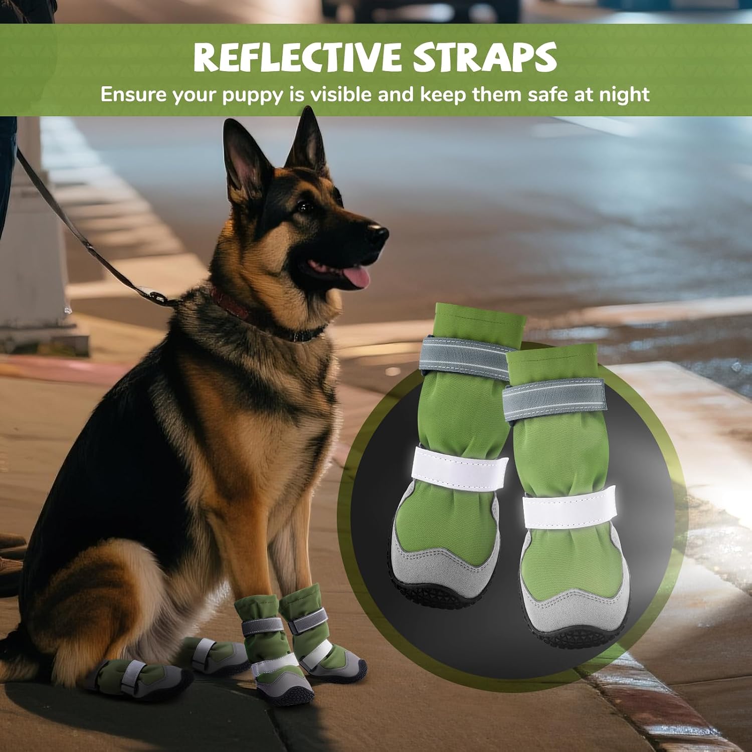 Winter Dog Snow Boots with Fleece Lining, Dog Shoes for Medium Large Size Dogs, Waterproof Dog Booties and Paw Protectors, Anti-Slip & Reflective Dog Shoes for Snow Outdoor, Hiking (Green-Size 4)