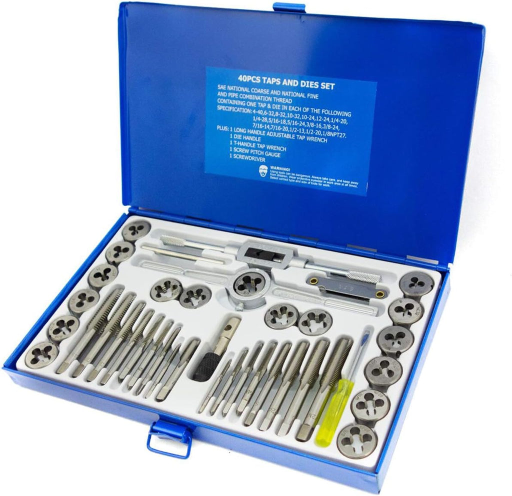 Tap and Die Set 40 PCS Alloy Steels Cutting External and Internal Threads SAE Inch Size for Create New Threads or Repair Damaged Threads