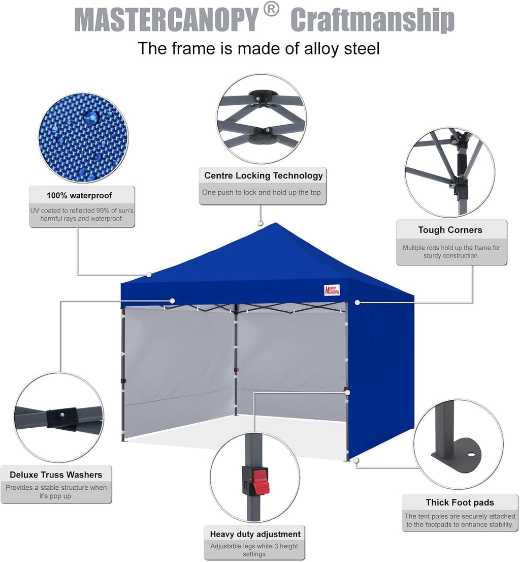 MASTERCANOPY 10x10 Heavy Duty Pop up Canopy Tent with Sidewalls, Blue