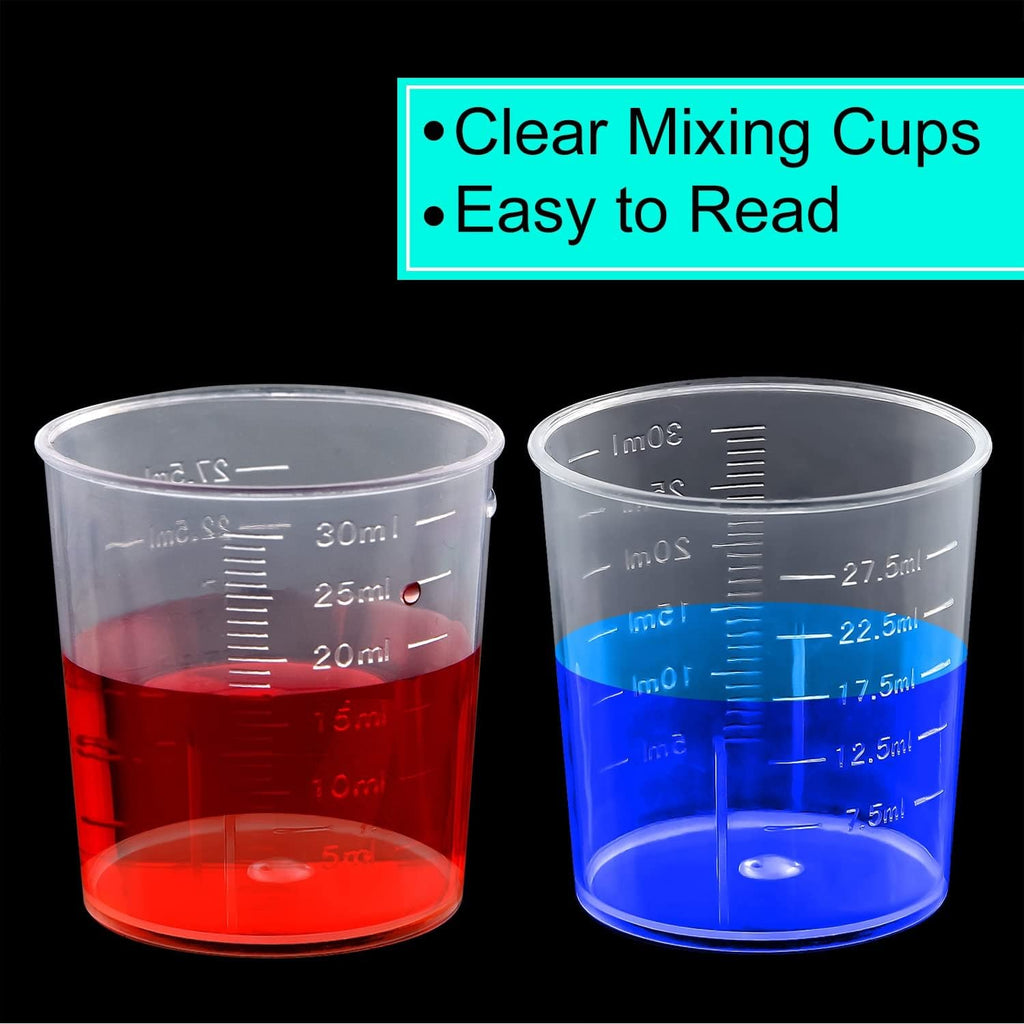 100 Pack 30ml/1oz Transparent Measuring Cups Reusable Clear Plastic Graduated Epoxy Mixing Cups with 100 Pack Wooden Stirring Sticks for Liquids Resin, Epoxy, Stain, Mixing Paint, School Labs